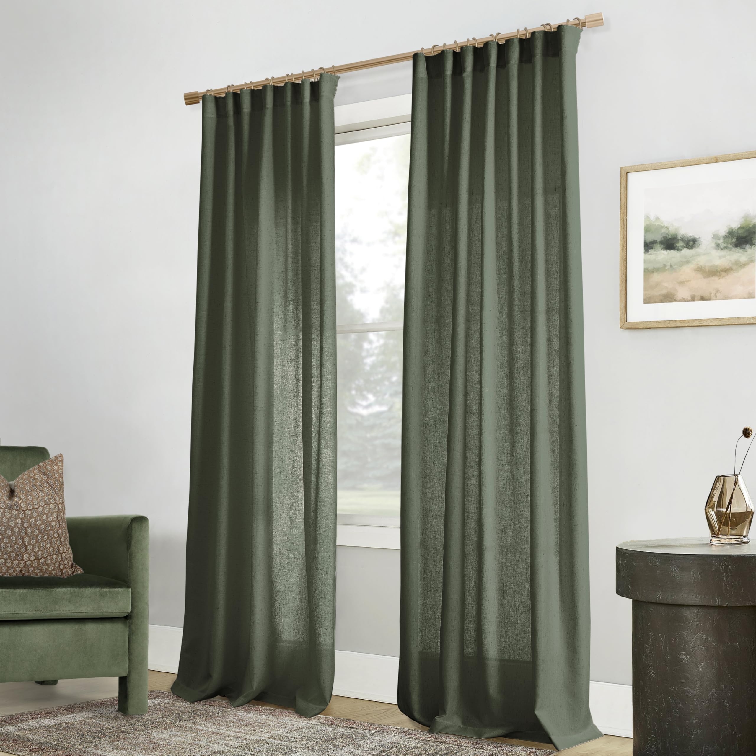 Black Linen Cotton Blend Sheer Curtains, Moody Light Filtering Drapes for Dark Academia Inspired Study Bedroom Living Room, 84 Inch Long 2 Panels Set