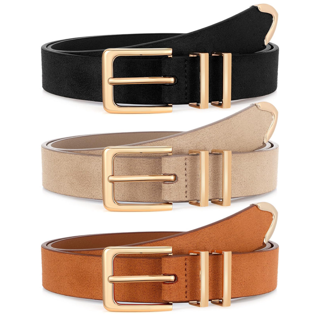 XZQTIVE 3 Pack Women Belts For Jeans Dresses Pants Ladies Leather Waist Belt with Gold Buckle