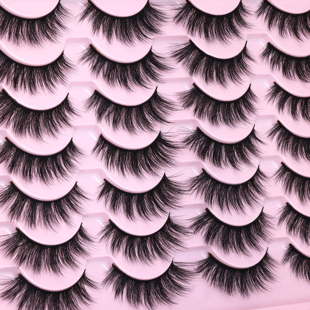 False Lashes Natural Look Wispy Eyelashes Manga Korean Spiky 16mm Short Faux Mink Eyelashes Cat Eye Natural Fake Eyelashes Strip Lashes Pack 14 Pairs