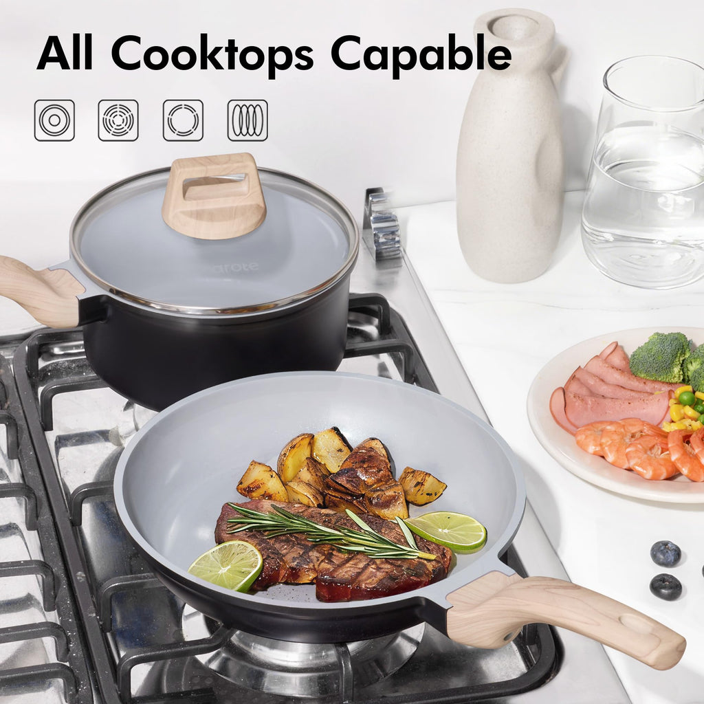 CAROTE 21pcs Pots and Pans Set Nonstick, Cookware Set Black Induction Kitchen Cooking Set w/Frying Pans & Saucepans(PFOS, PFOA Free)