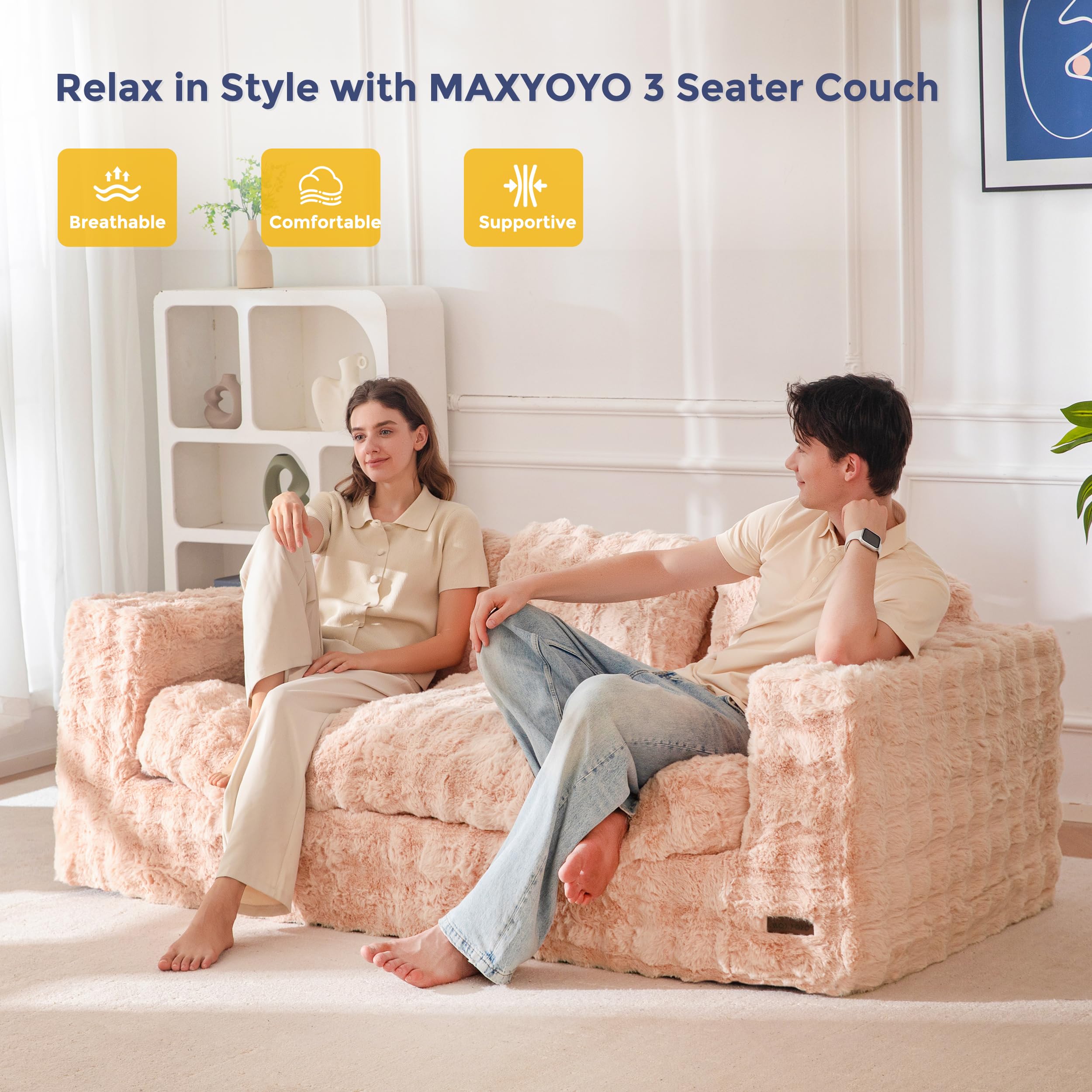 MAXYOYO 3 Seater Sofa Couch for Living Room, Tufted Boneless Couch Sofa Couch, Comfy Bubbled Bean Bag Chair for Apartment, No Assembly Needed, Beige