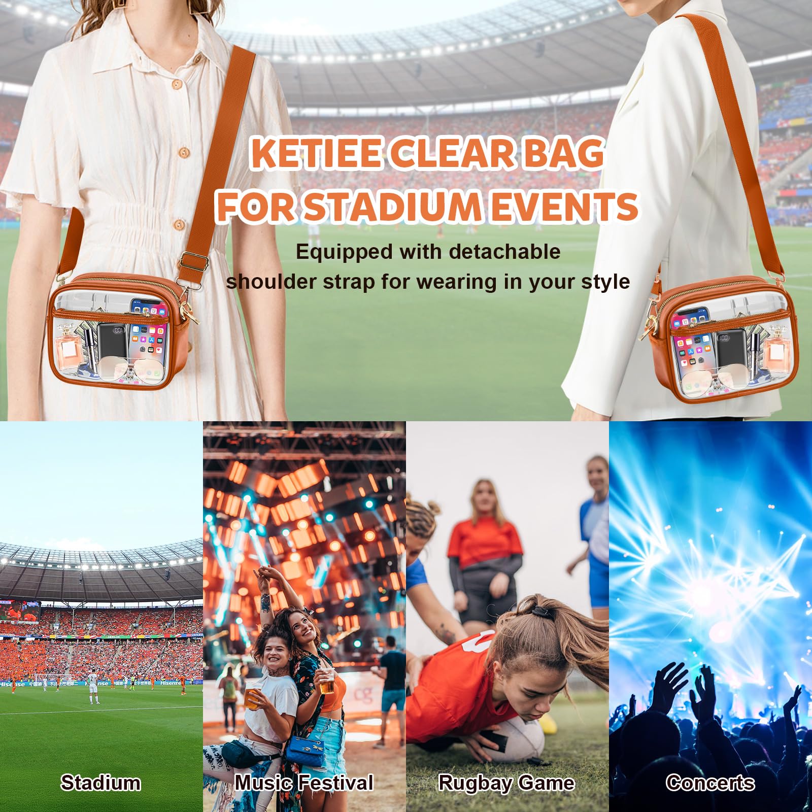 KETIEE Clear Crossbody Bag, Stadium Approved Clear Purse Bag for Concerts Sports Events Festivals