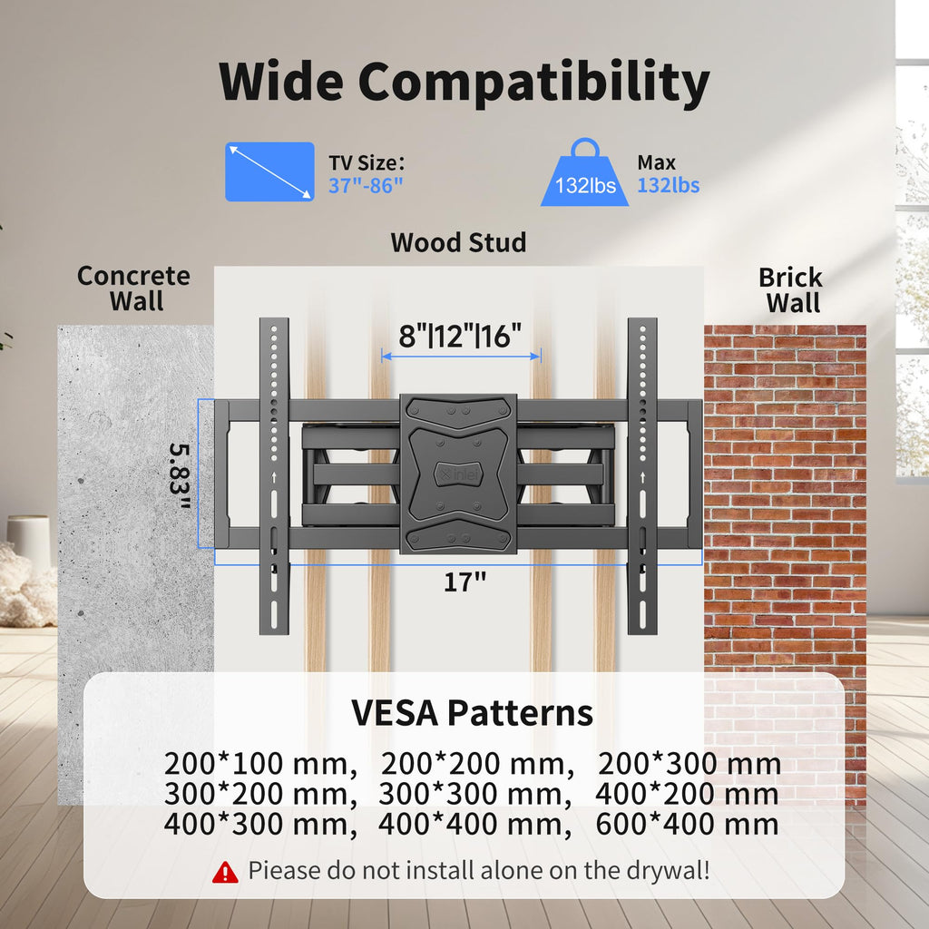 XINLEI Full Motion TV Wall Mount for Most 26"-70" Flat/Curved TV, Swivel Tilt Bracket with Articulating Dual Arms, Support 100lbs, Max VESA 400x400mm, Fits 12”/16" Wood Stud (MA570)