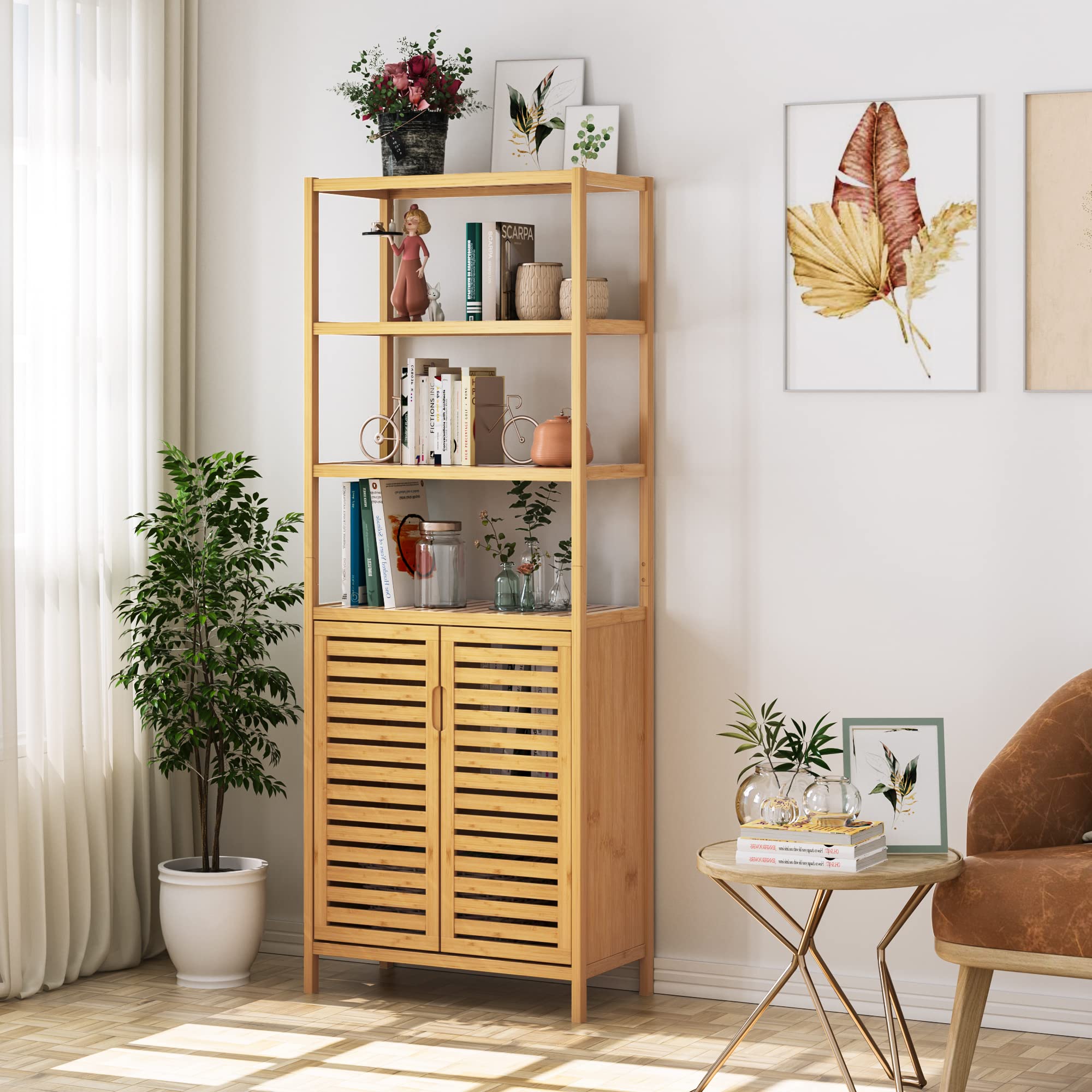 HIFIT Tall Bathroom Storage Cabinet, 66" Bamboo Narrow Bathroom Floor Cabinet with 2 Door & 4-Tier Open Shelves, Corner Tall Cabinets Freestanding Organizer Unit for Bath, Living Room, Entryway,Nature