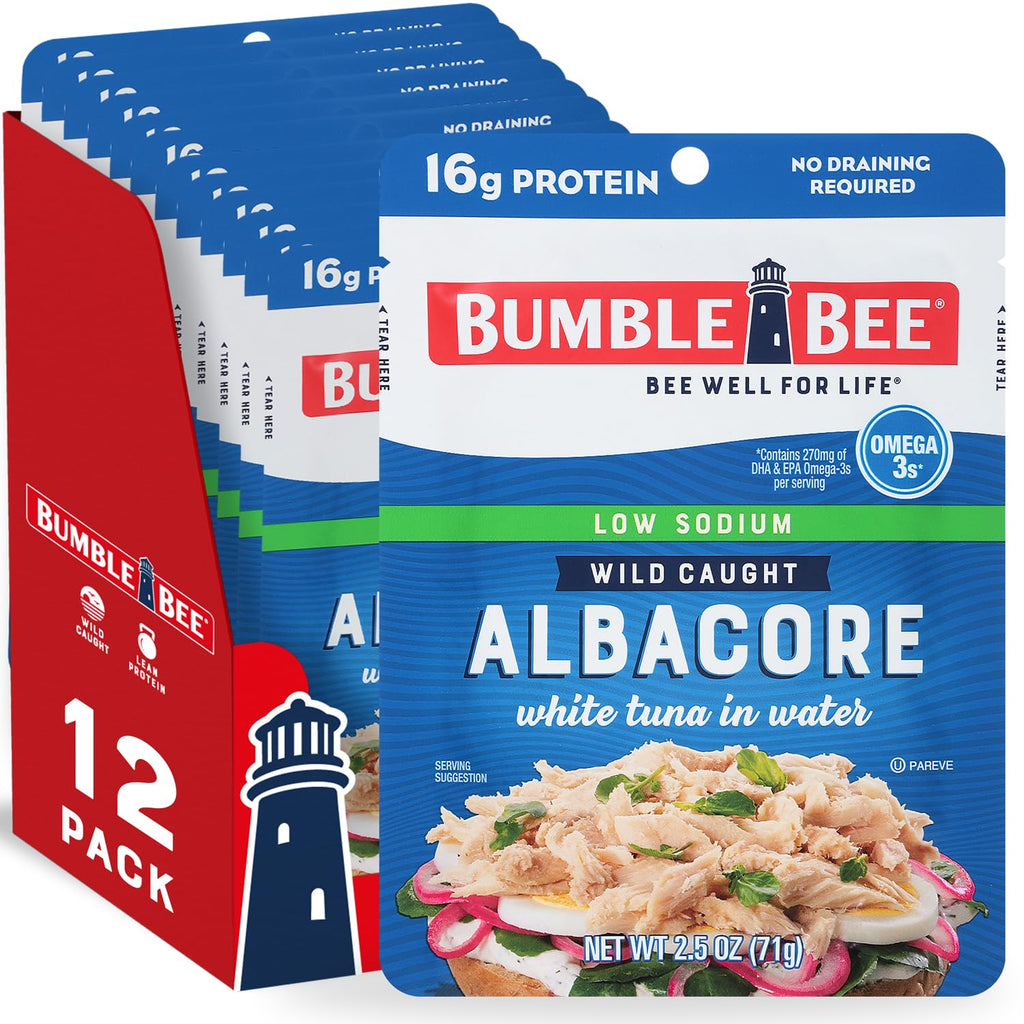 Bumble Bee Lemon & Garlic Seasoned White Albacore Tuna in Water, 2.5 oz Pouch - Wild Caught Tuna - 15g Protein per Serving, High in Omega-3s - Non-GMO, Gluten Free - No Draining Required