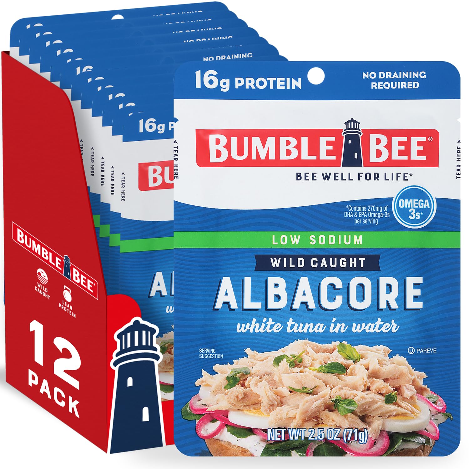 Bumble Bee Lemon & Garlic Seasoned White Albacore Tuna in Water, 2.5 oz Pouch - Wild Caught Tuna - 15g Protein per Serving, High in Omega-3s - Non-GMO, Gluten Free - No Draining Required