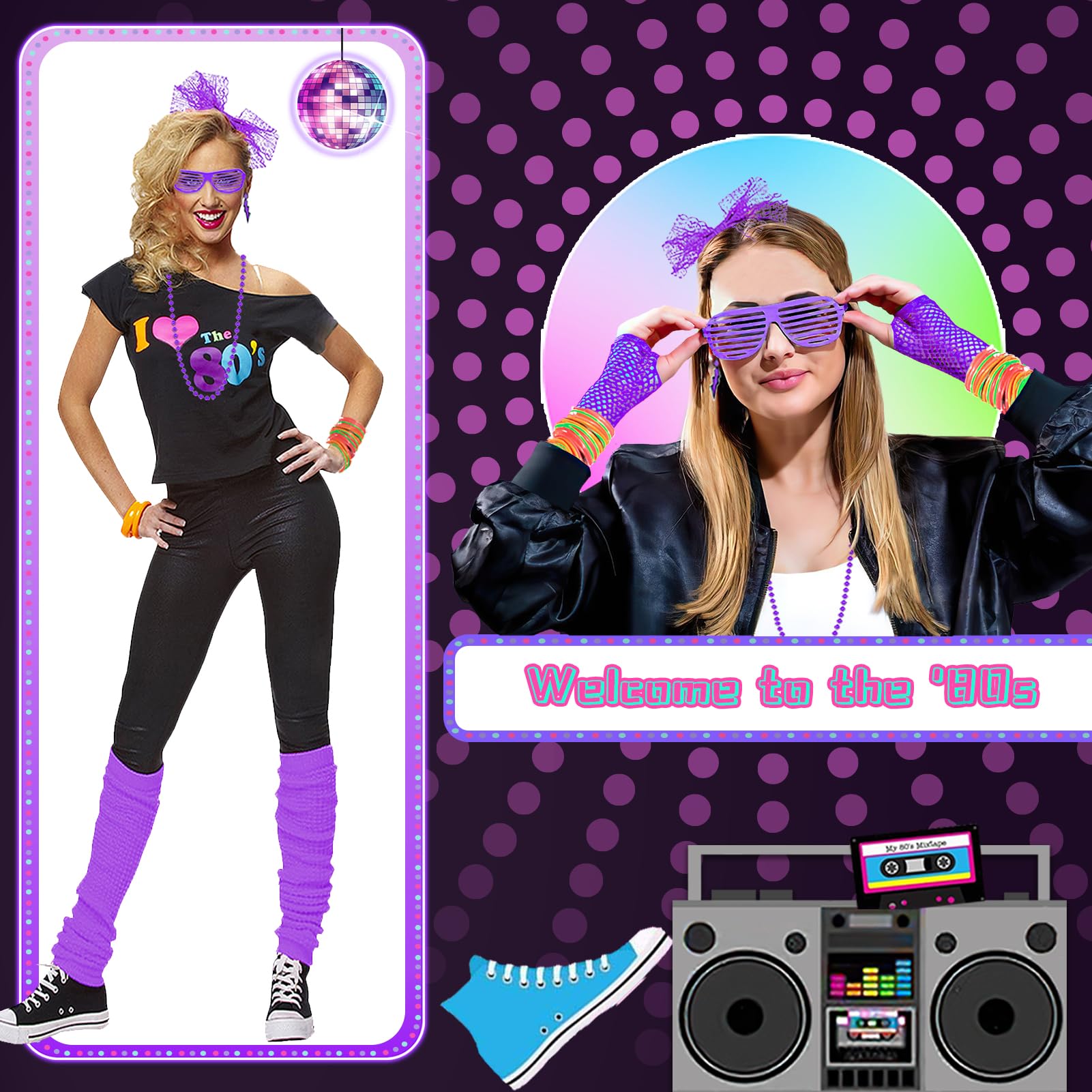 Upgraded 80s Outfit Costume for Women,80s Party Costume Accessory Sets with T-Shirt Tutu Skirt Waist Pack etc