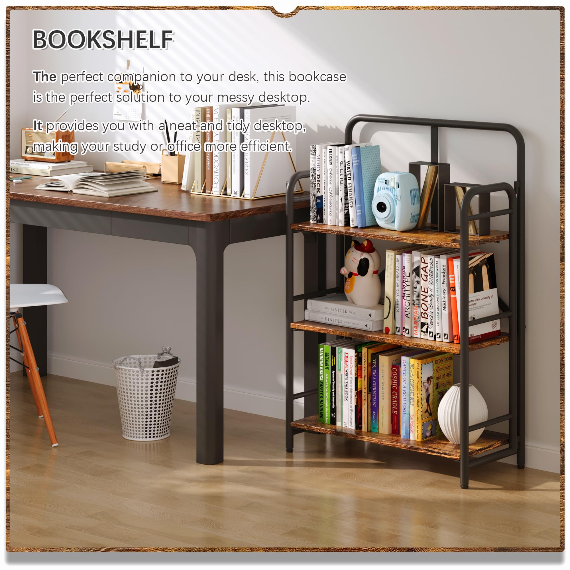 4NM No Assembly Folding Bookshelf, 3 Tiers Collapsible Book Shelves Open Industrial Foldable Storage Bookcase Shelf for Bedroom, Living Room, Home Office - Natural and White