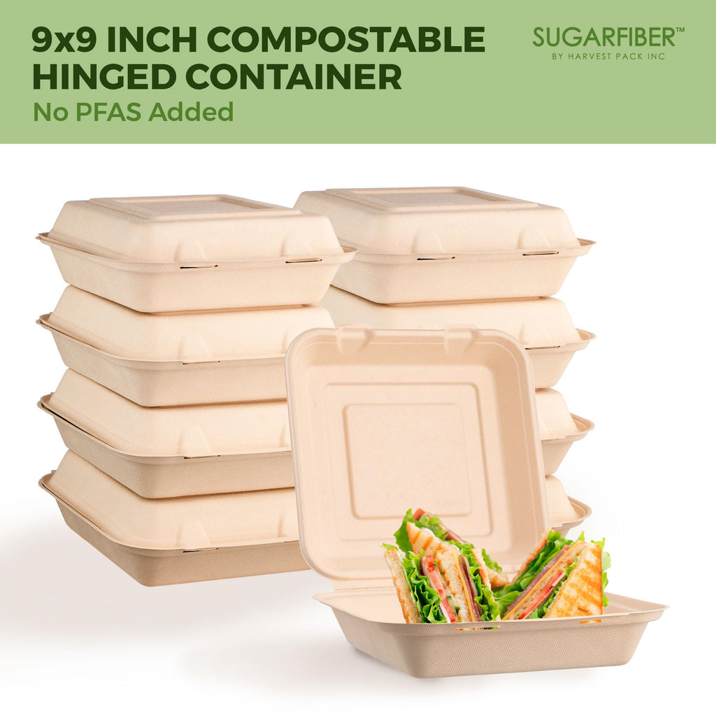[50 COUNT]Harvest Pack 6 X 6" Compostable Clamshell Take Out Food Containers, PFAS FREE Square To go Containers with Lids, Heavy-Duty Disposable Bagasse Bento Cake Box, Eco-Friendly Sugarcane Fibers