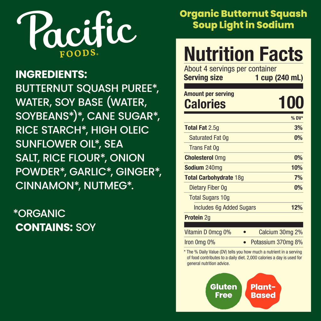 Pacific Foods Light in Sodium Organic Butternut Squash Soup, 32 oz Carton (Pack of 2)