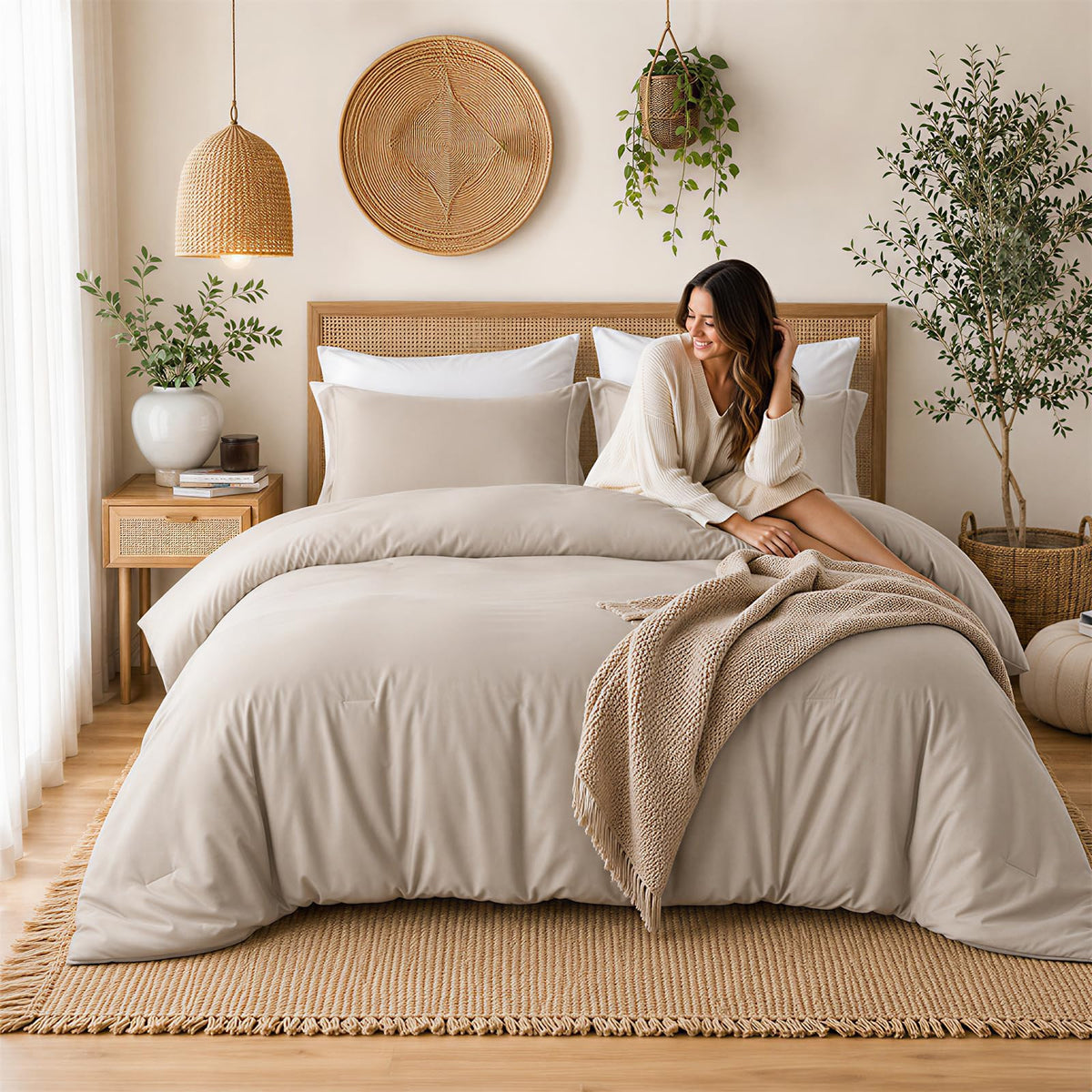 Beige Twin Comforter Set with Sheets - 5 Pieces Bed in a Bag Twin