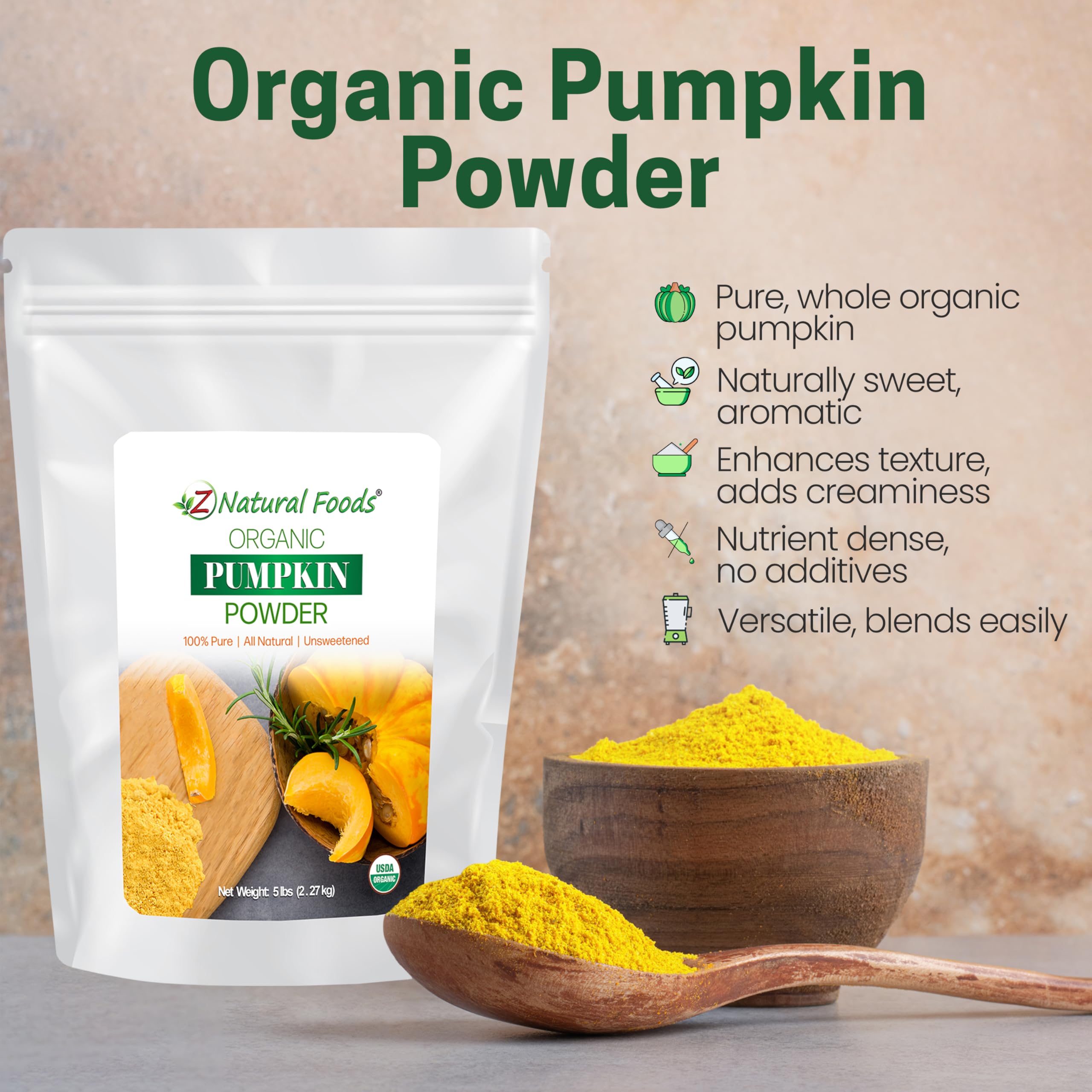 Z Natural Foods Organic Pumpkin Powder - Pure Powdered Pumpkin for Delicious Pumpkin Spice Latte, Baking, Smoothies, Juice, Puree - Dried Sweet Vegan Pumpkin Powder, Gluten Free, Kosher, 1 lb