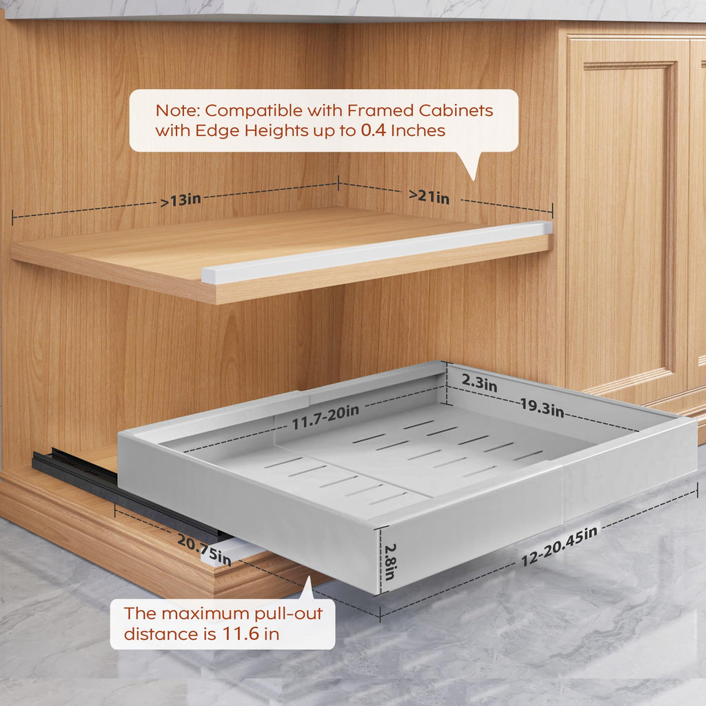 Seinloes 4 Pack Pull Out Cabinet Organizers 21" Deep With Raising Pad for Framed Cabinets, Expandable Width (15.2"-26.3") Slide Out Drawers Upgrade 3 Slide Rails, Roll Out Shelves Adhesive, Black