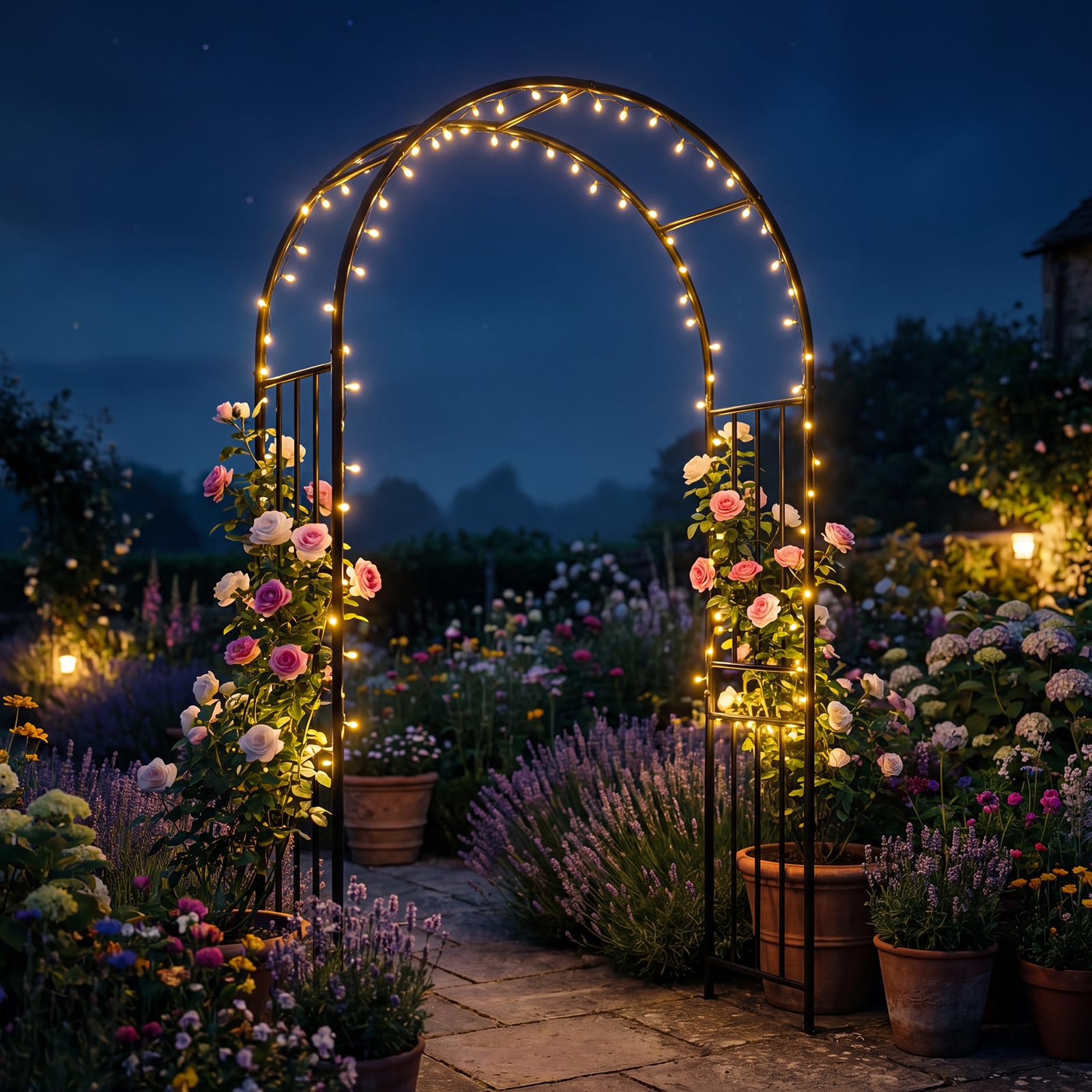 LDAILY Moccha Garden Arch Arbor Trellis, 7.2Ft Outdoor Steel Arbor with Stakes, Metal Archway for Climbing Plants, Wide Sturdy Garden Arch for Lawn, Party, Ceremony Wedding Decoration, Black (1 Piece)