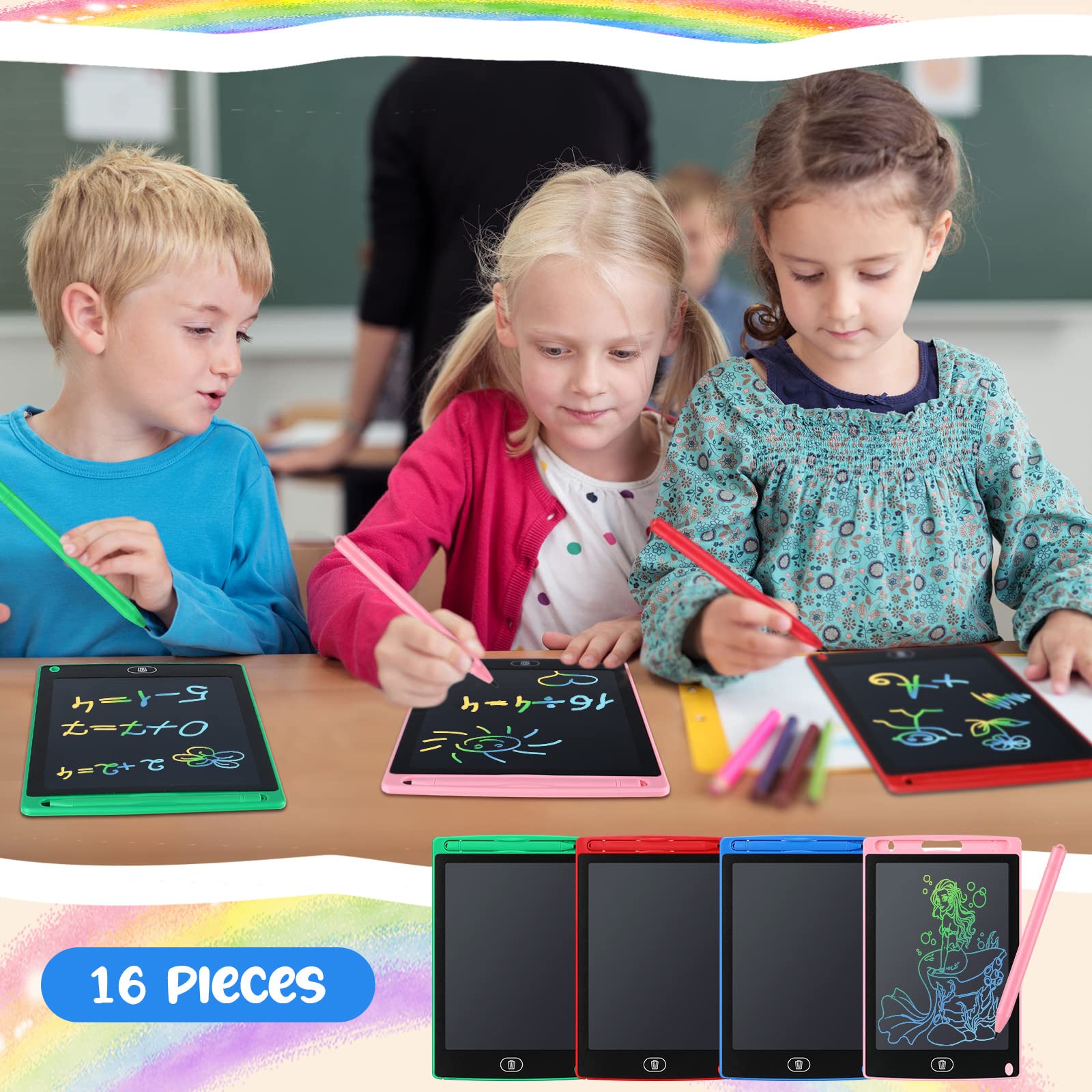 Epakh 16 PCS LCD Writing Tablet for Kids - 8.5 Inch Reusable Writing Board Drawing Doodle Pad Gift for Girl & Boy, Toddlers, Back to School, Birthday Party Favors(Black)