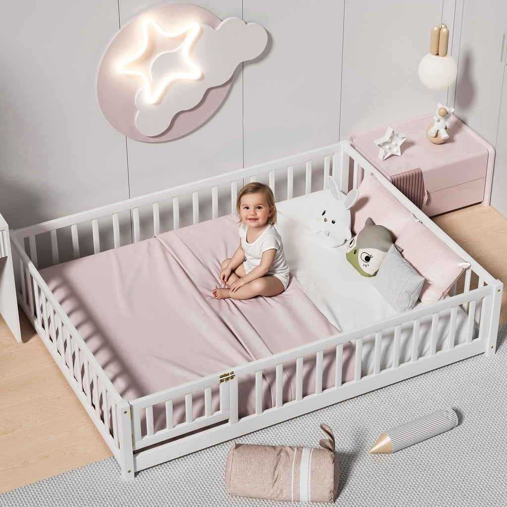 i-POOK Queen Floor Bed for Children, Sturdy Wood Montessori Bed Frame with Wood Slats, High Fence & Small Door for Girls and Boys, Espresso (with Bed Slats)