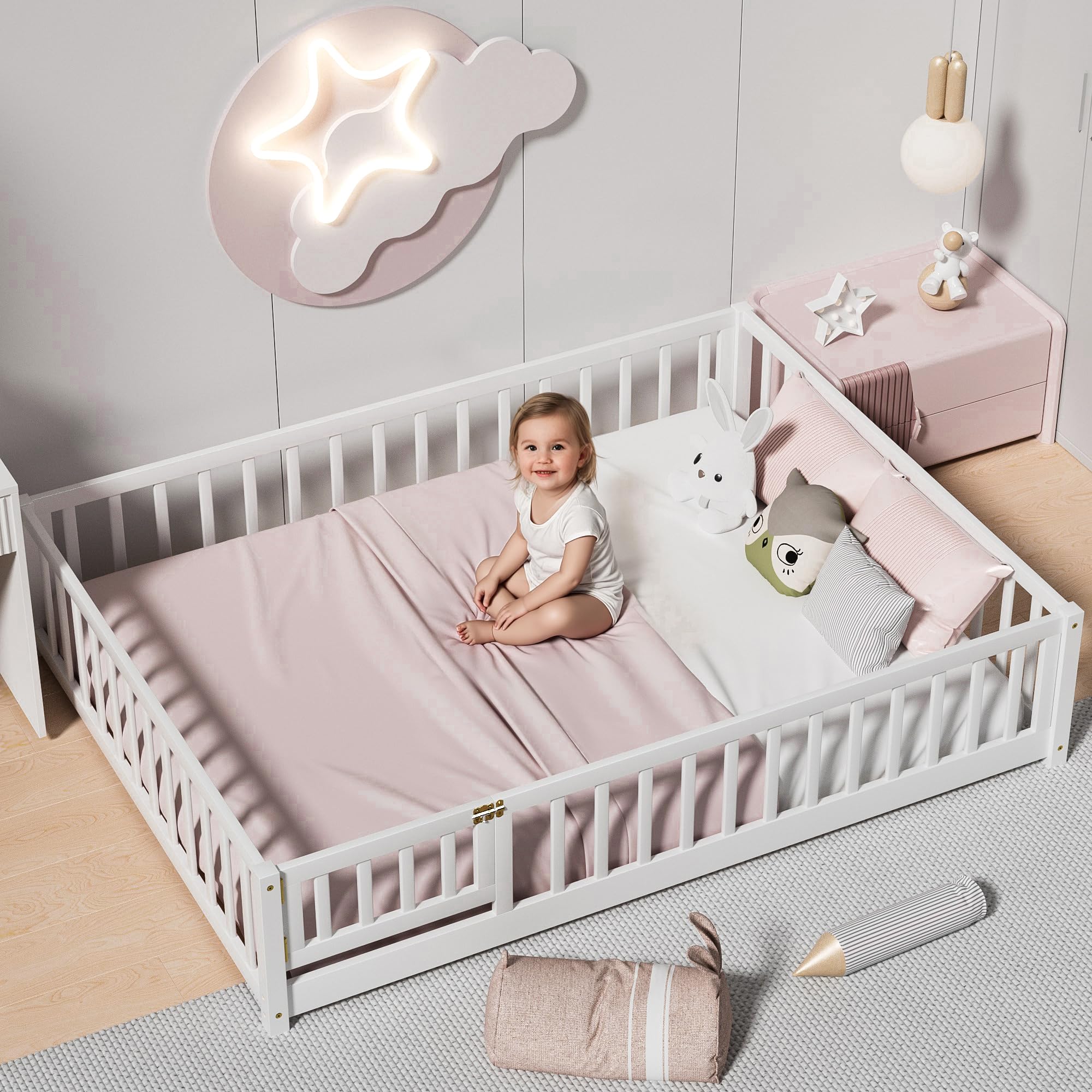 i-POOK Queen Floor Bed for Children, Sturdy Wood Montessori Bed Frame with Wood Slats, High Fence & Small Door for Girls and Boys, Espresso (with Bed Slats)