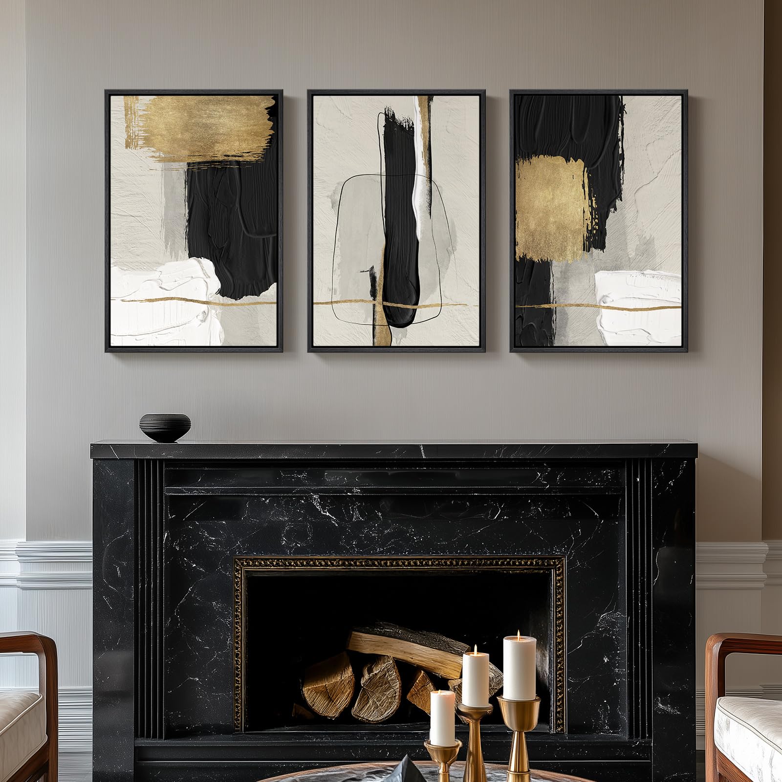 Framed Black and White Modern Abstract Wall Art, 3 Piece Canvas Prints Paintings Artwork for Walls, Minimalist Black White Grey Pictures for Living Room Dining Room Bedroom Office Wall Decor 16x24 In