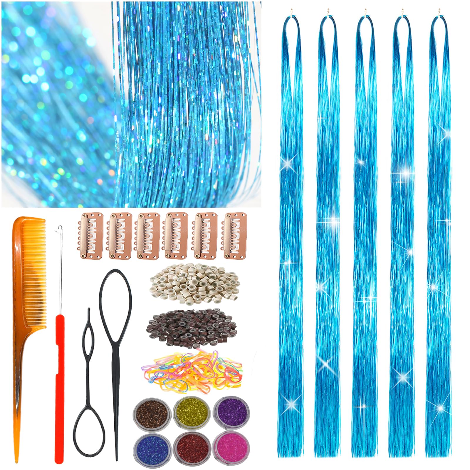 Celinebella Bubblegum Pink Hair Tinsel, 48" 1250 Strands Bright Shimmer | Vibrant hot pink bubblegum tone, youthful energetic, heat resistant, great for prom concerts birthday parties events