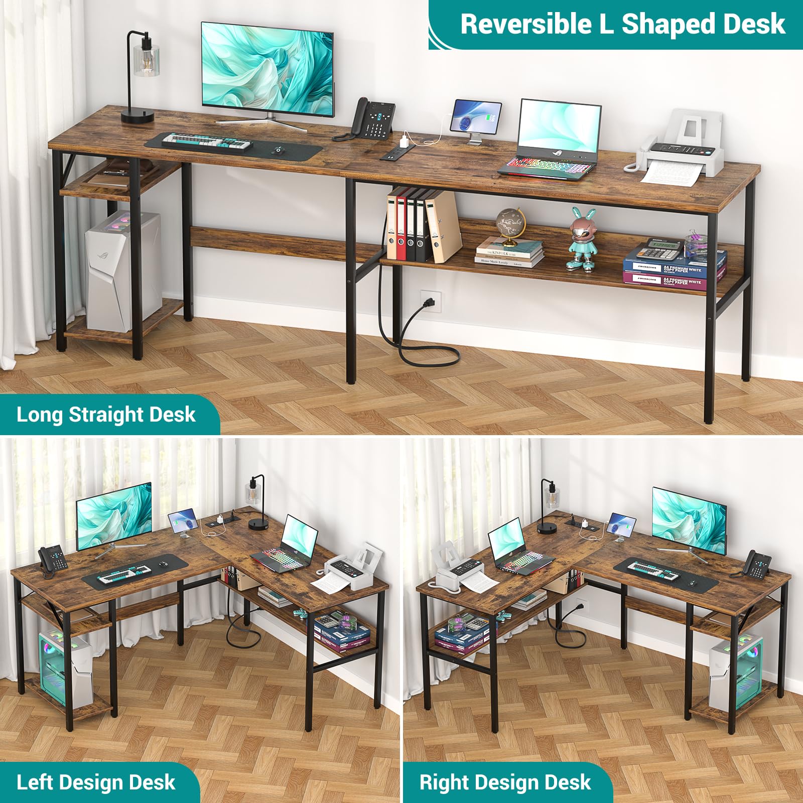 Reversible L Shaped Gaming Desk with Power Outlets and USB Charging Ports, Sturdy Computer Desk with Storage Shelf, Modern Corner Desk Home Office Table, Easy to Assemble, Gray Oak