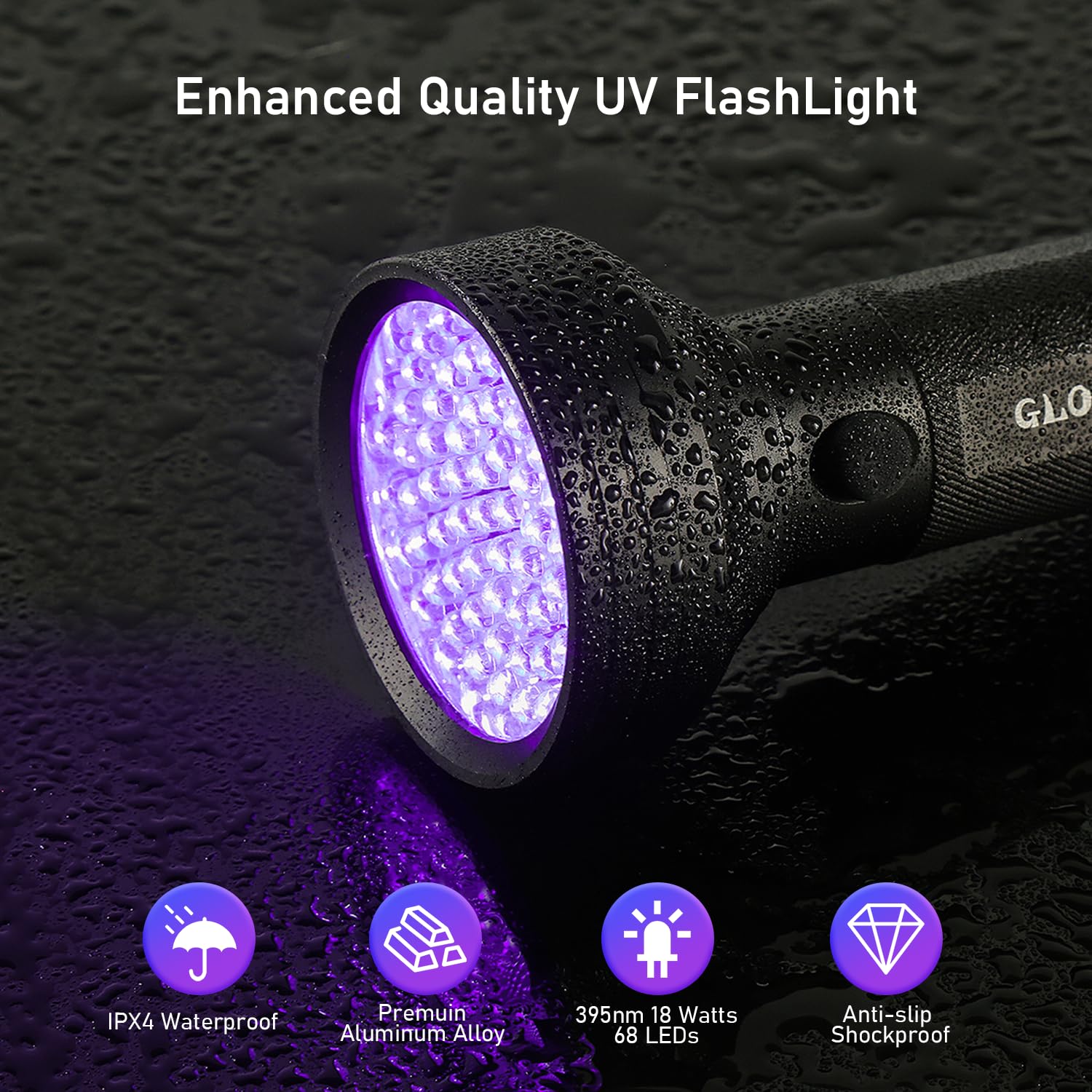 GLOSSDAY Blacklight Flashlight 68 LED UV Flash Light,Ultraviolet Flashlight Black Light Professional Pet Urine Detector for Dog/Cat Urine,Pet Stains,Hunting Scorpions
