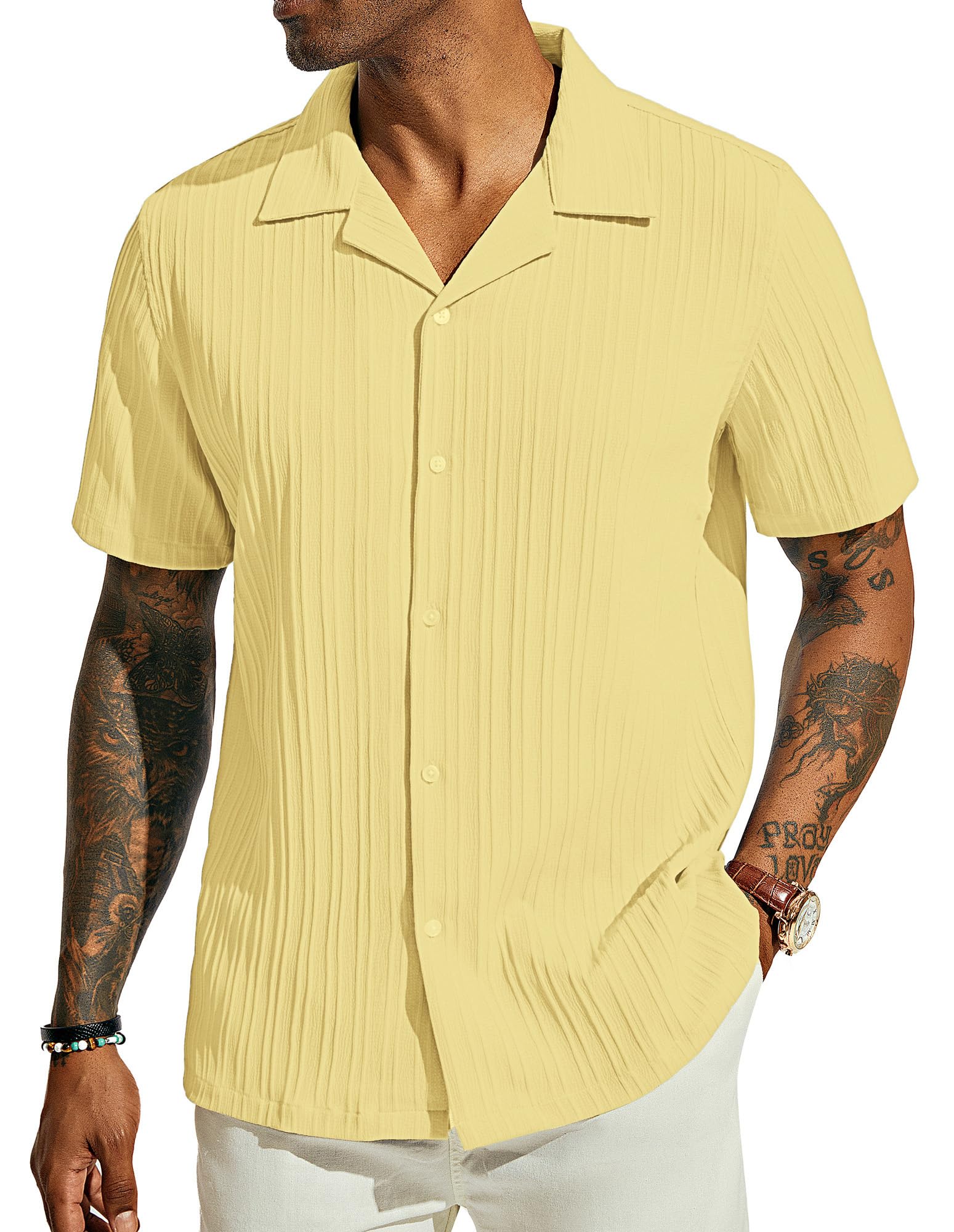 PJ PAUL JONES Men's Casual Button Down Shirts - Short Sleeve Summer Textured Beach Wrinkle-Free Shirts