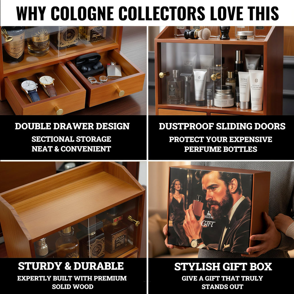 Wooden Cologne Organizer for Men 3 Tier | Black Perfume Holder Shelf for Dresser | High Grade Velvet Lining and Stylish Gift Box | Uncluttered Design Perfume Display Stand