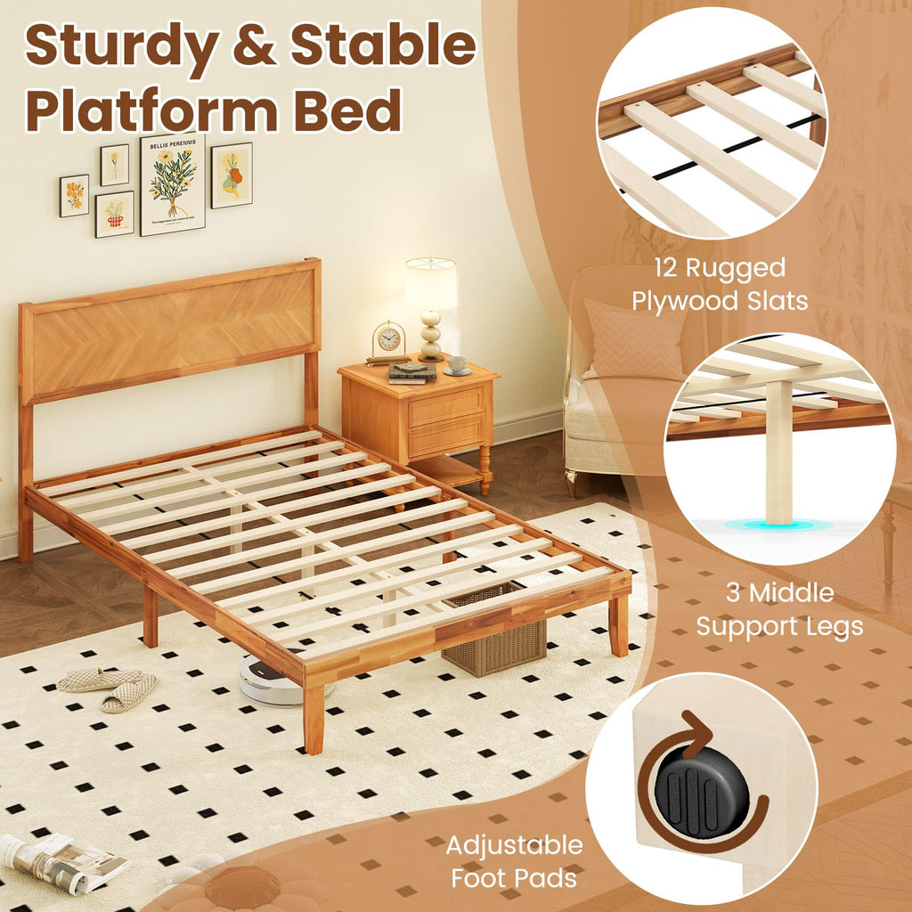 Giantex Wood Twin Bed Frames with Headboard, Solid Acacia Wood Platform Bed with 12 Strong Wooden Slat Support, Scandinavian Style Art Deco Twin Size Bed Frame, No Box Spring Needed, Rustic Brown