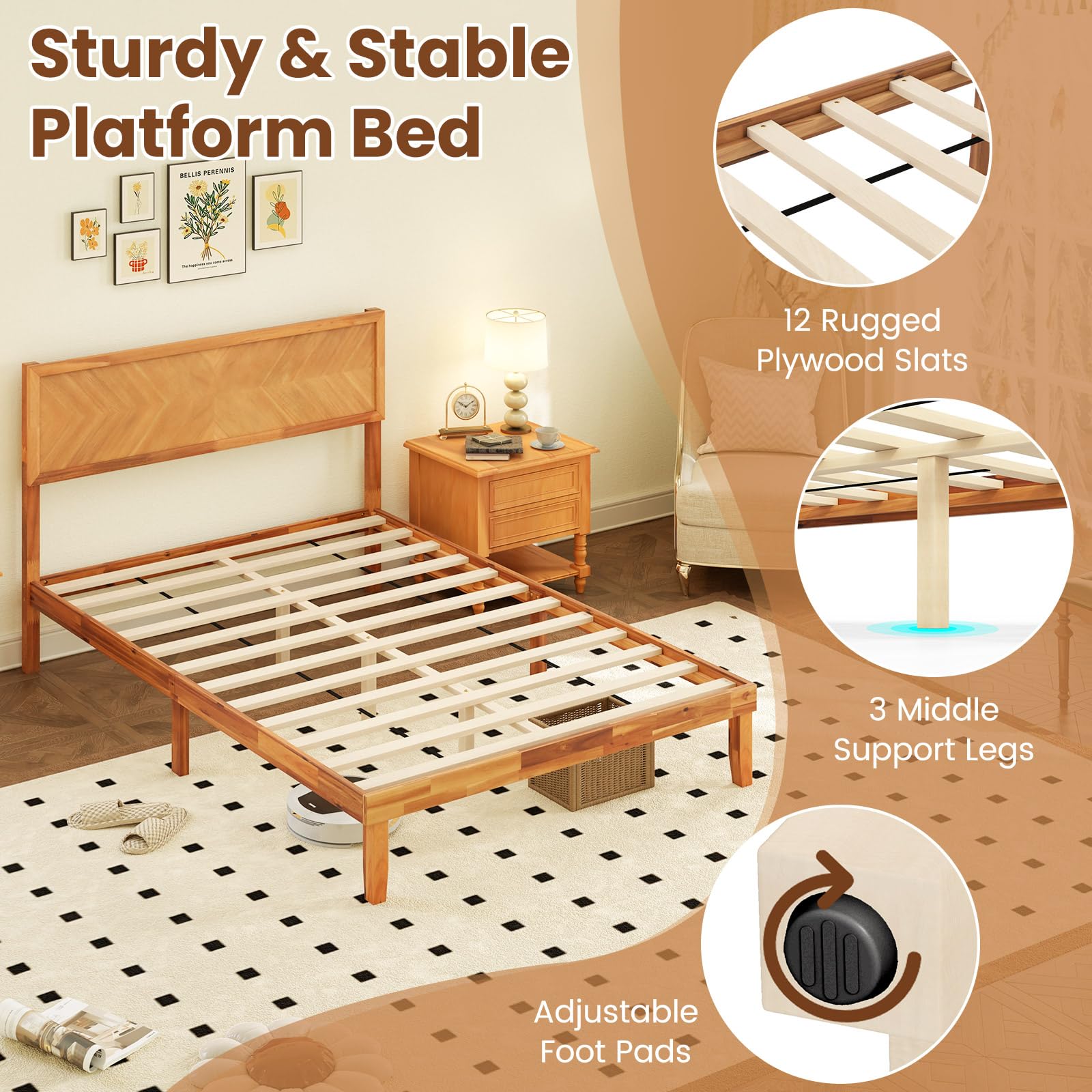 Giantex Wood Twin Bed Frames with Headboard, Solid Acacia Wood Platform Bed with 12 Strong Wooden Slat Support, Scandinavian Style Art Deco Twin Size Bed Frame, No Box Spring Needed, Rustic Brown