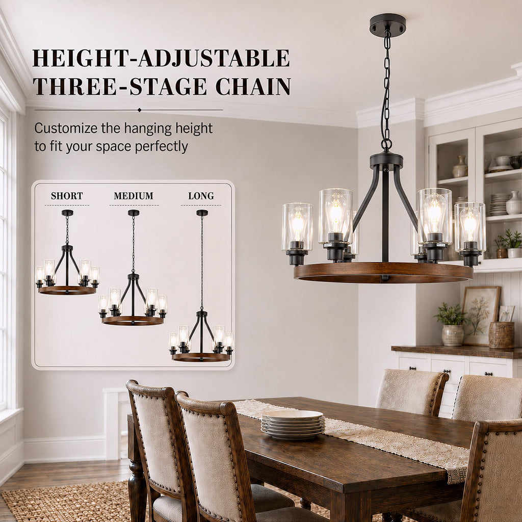 Lanhall 6-Light Modern Dining Room Light Fixture Brushed Nickel Kitchen Chandelier Ceiling Hanging Pendant Lighting with Glass Shade for Living Room Bedroom Entryway Adjustable Height Metal E26