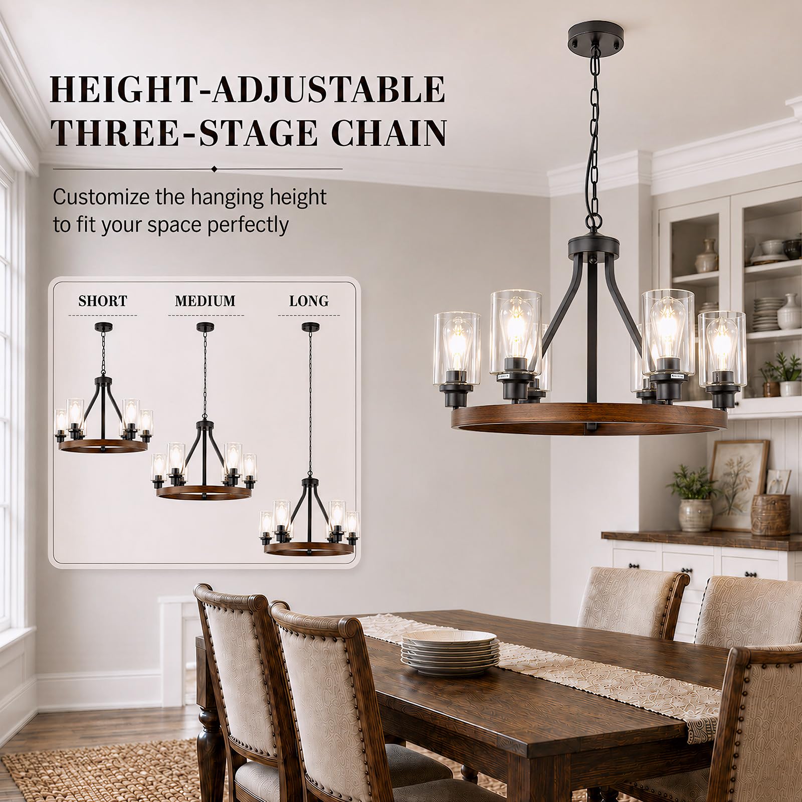 Lanhall 6-Light Modern Dining Room Light Fixture Brushed Nickel Kitchen Chandelier Ceiling Hanging Pendant Lighting with Glass Shade for Living Room Bedroom Entryway Adjustable Height Metal E26