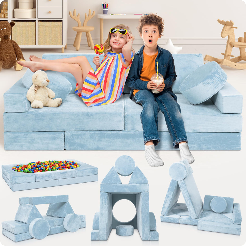 Lunix LX15 14pcs Modular Kids Play Couch, Child Sectional Sofa, Fortplay Bedroom and Playroom Furniture for Toddlers, Convertible Foam and Floor Cushion for Boys and Girls, Amber Yellow