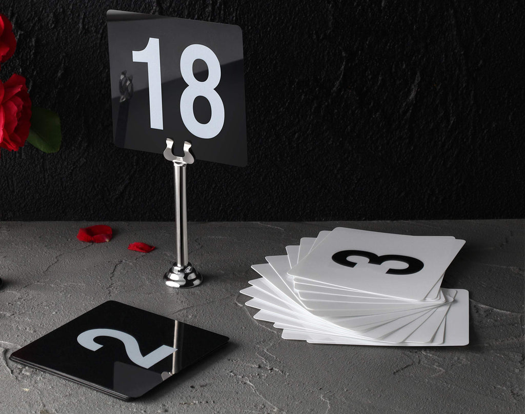 New Star Foodservice 23145 Double Side Plastic Table Numbers, 1 to 25, 4" x 4", Light Grey on Black