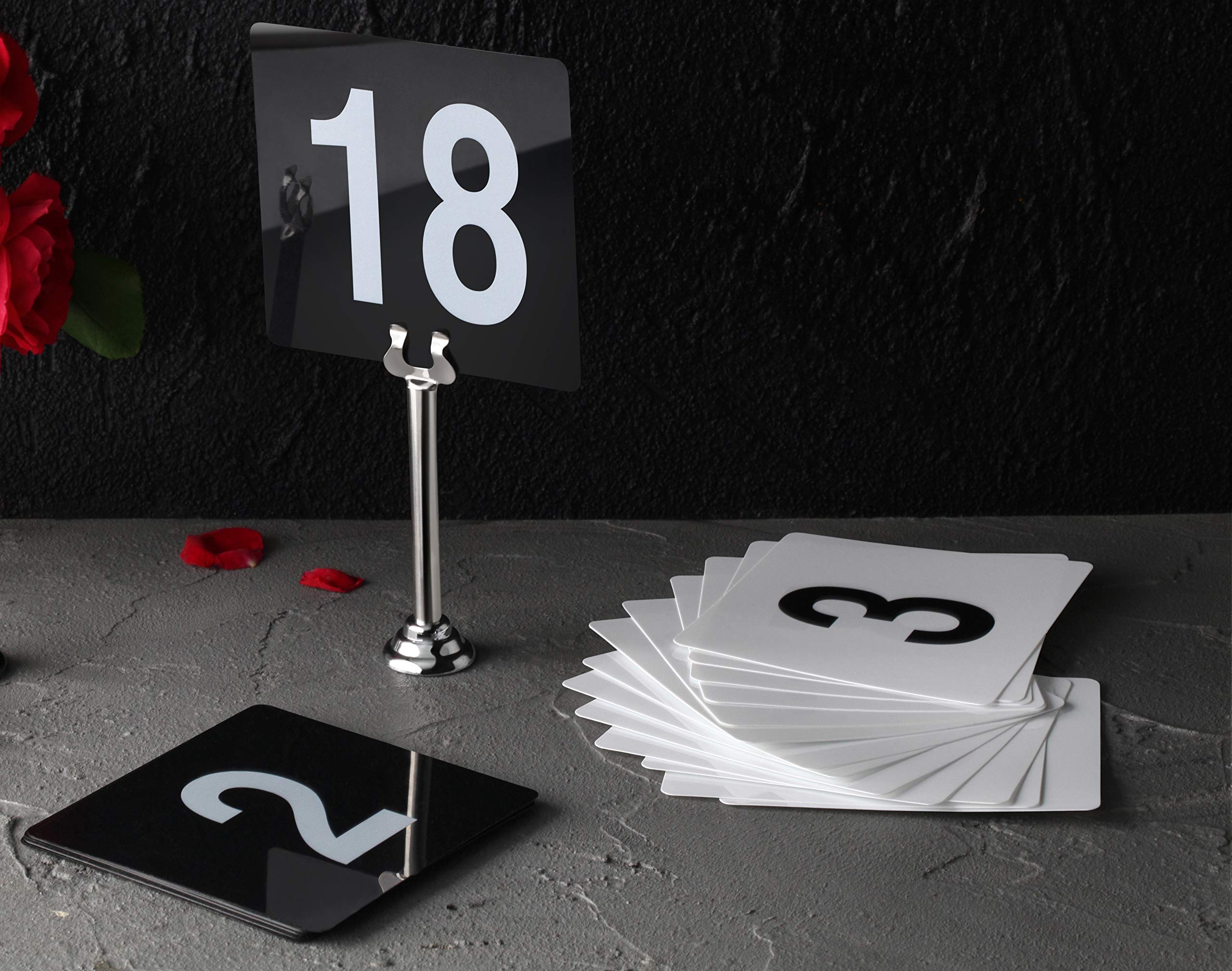 New Star Foodservice 23145 Double Side Plastic Table Numbers, 1 to 25, 4" x 4", Light Grey on Black
