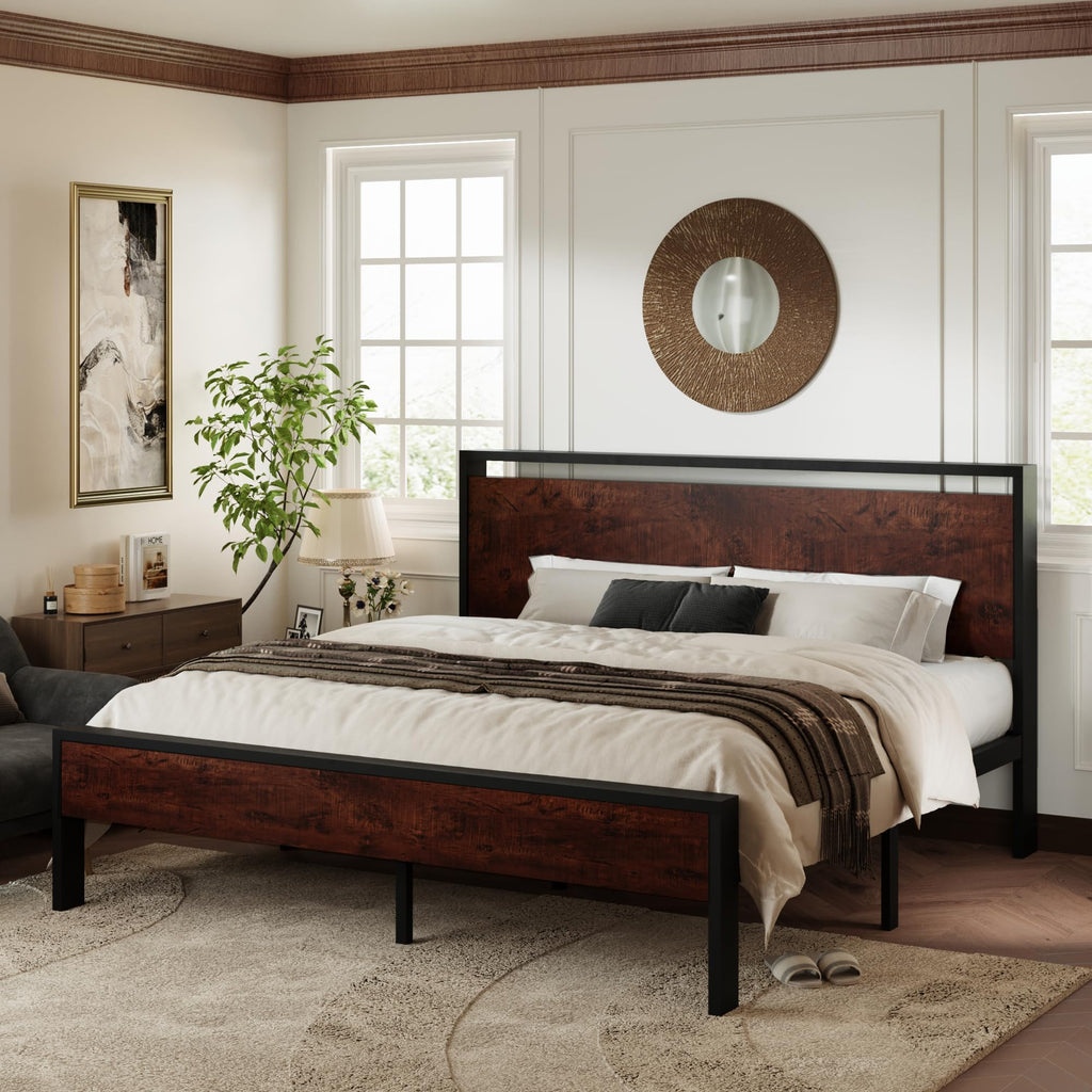 Allewie Twin Size Platform Bed Frame with Wooden Headboard and Footboard, Heavy Duty Metal Slats Support, No Box Spring Needed, Under-Bed Storage, Noise Free, Easy Assembly, Black Oak