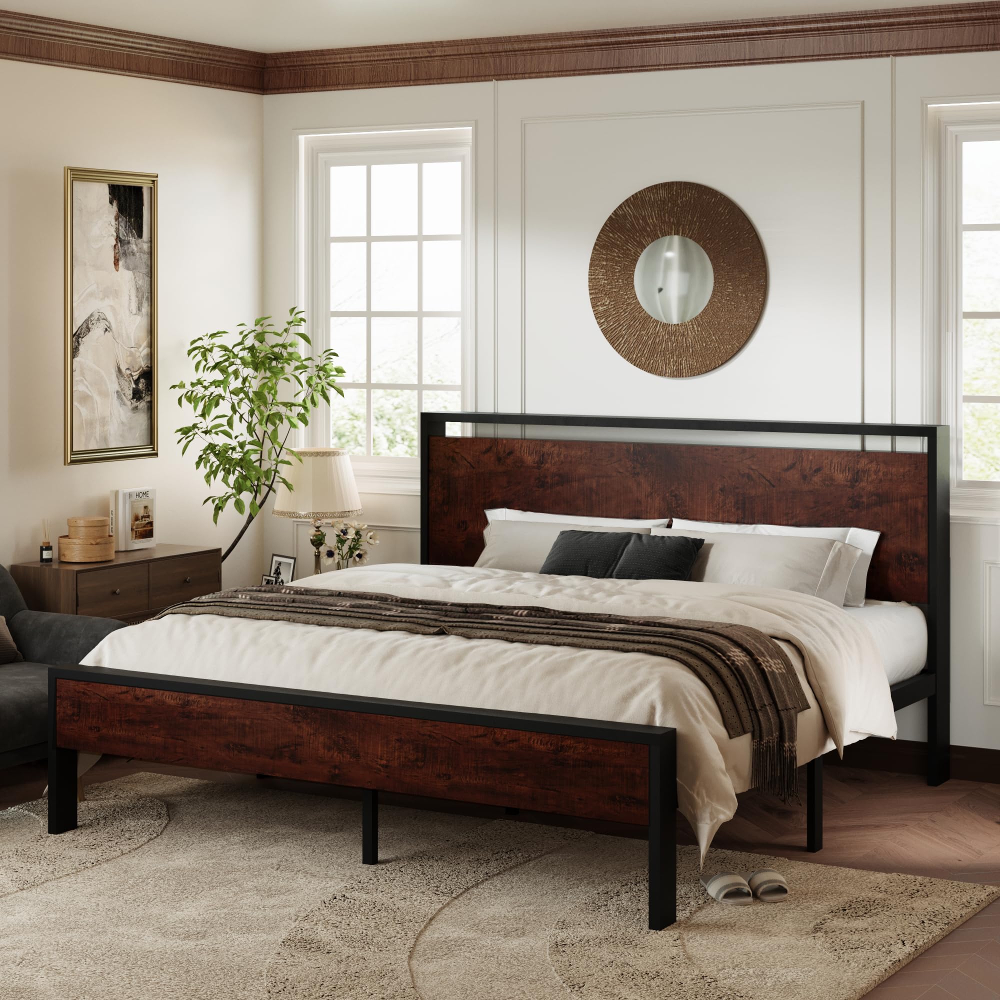 Allewie Twin Size Platform Bed Frame with Wooden Headboard and Footboard, Heavy Duty Metal Slats Support, No Box Spring Needed, Under-Bed Storage, Noise Free, Easy Assembly, Black Oak