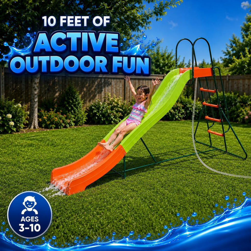 PLATPORTS Extra Large 10 Ft Water Slide for Kids, Indoor & Outdoor – Freestanding Wave Slide Converts to Water Slide via Hose Connector, Hose Clamps Included, Backyard Lawn Summer Fun, Ages 3 to 10