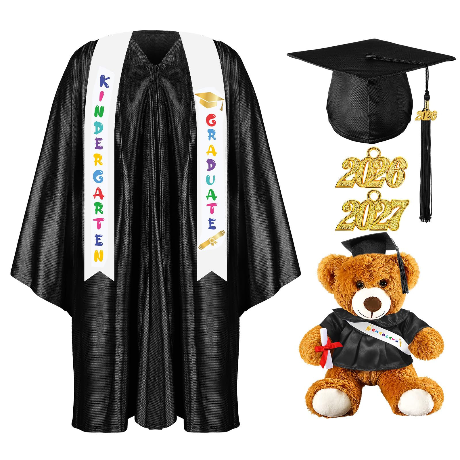 Sintuff 7 Pcs Kindergarten Preschool Graduation Cap and Gown with Bear Gifts 2026 Grad Stole Tassel Sash for Toddler Kids