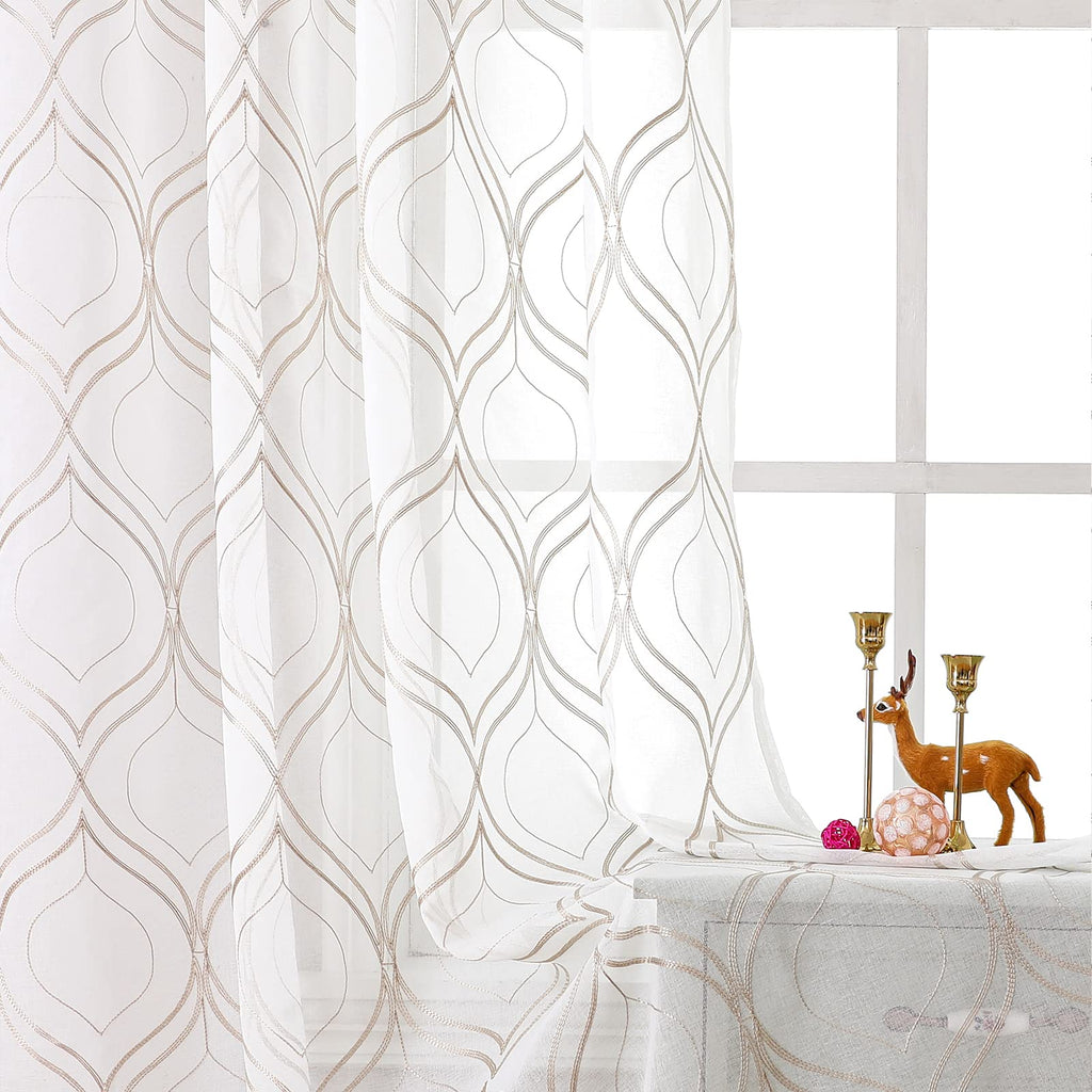 VISIONTEX Sheer Curtains 63 Inches Long 2 Panels Set, Beige and Ivory Moroccan Embroidery Texture Geometric Rod Pocket White Voile Tulle Semi Window Treatment Pair for Bedroom, W54 x L63