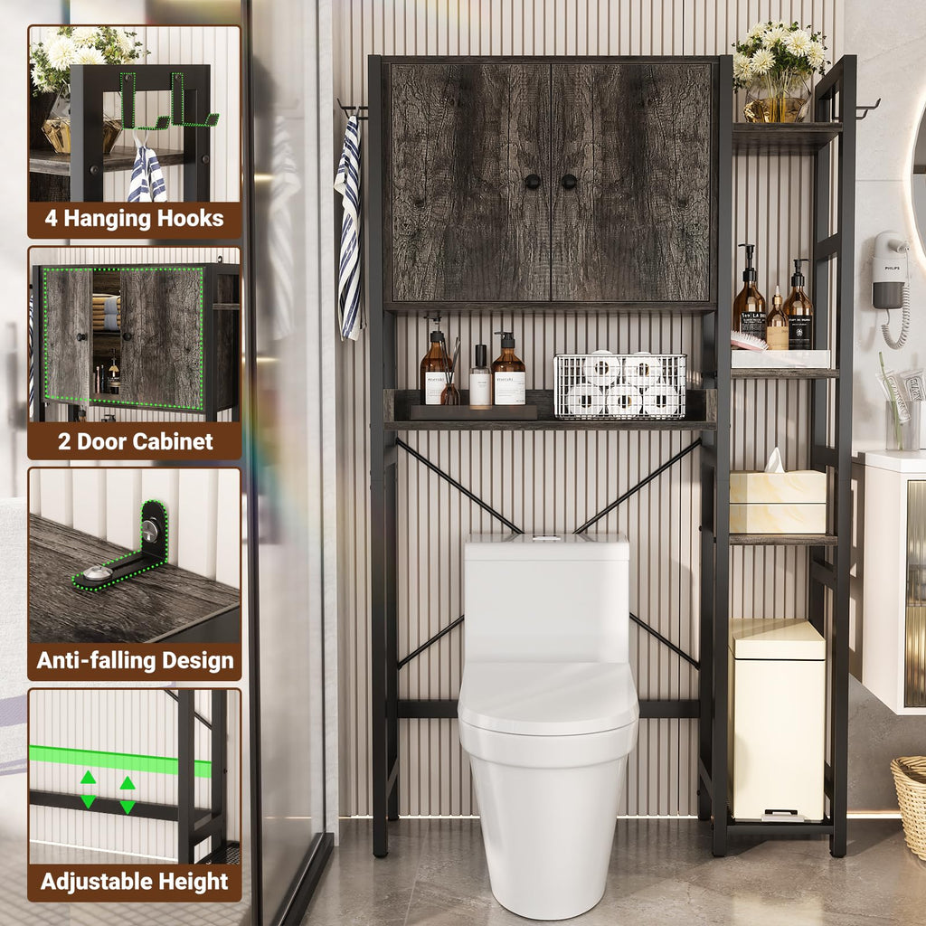 Over The Toilet Storage Cabinet with Doors - 7 Tier Bathroom Organizer with Adjustable Shelf, Freestanding Space Saver Rack Above Toilet Stand with 4 Hooks for Bathroom, Restroom, Laundry, Black