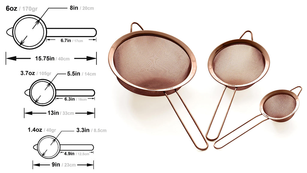 Strainer Set Fine Mesh – Premium 304 Stainless Steel (18/8) – 8″, 5.5″ and 3.3″ Sturdy Kitchen Strainers (Copper)