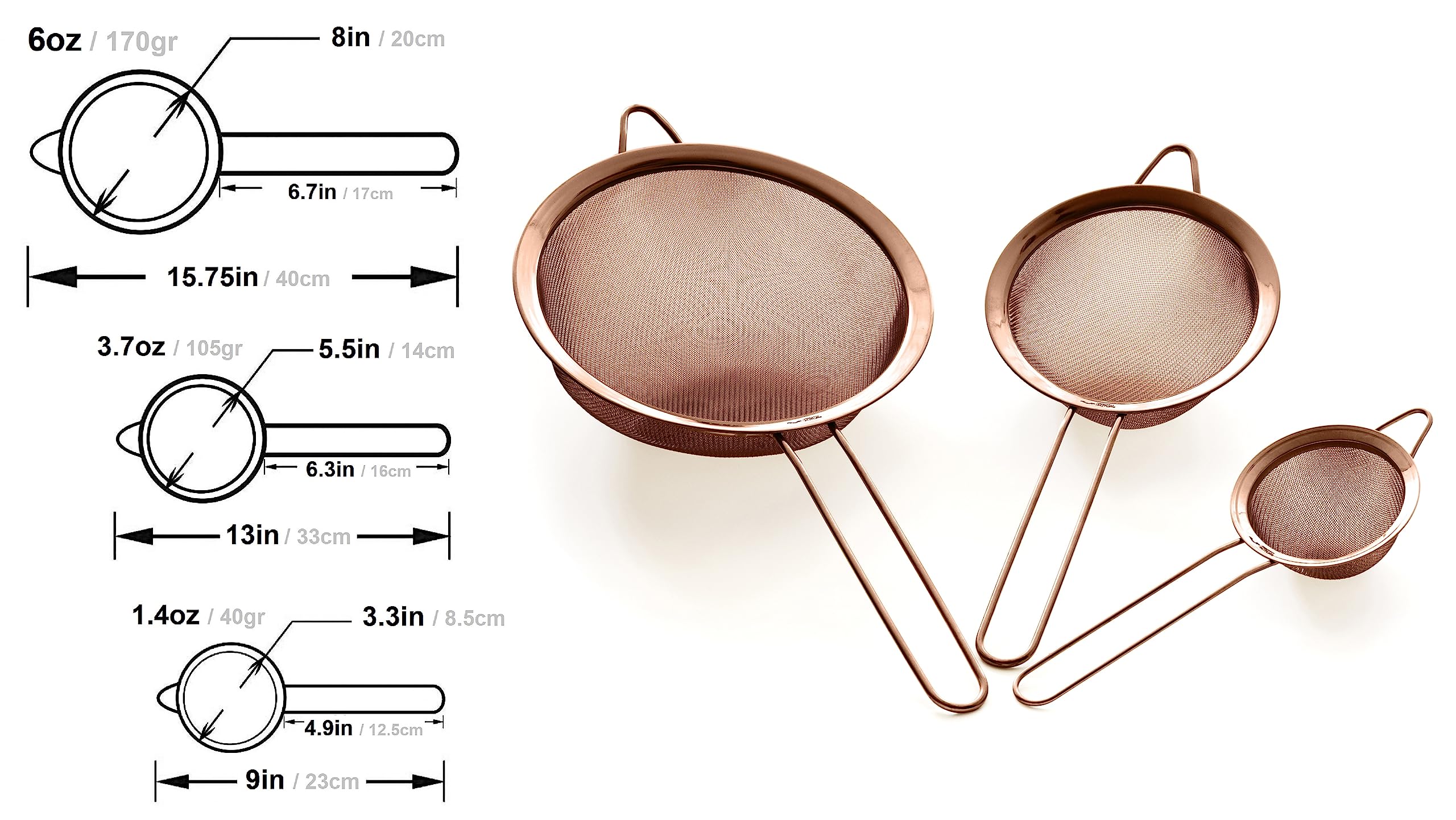 Strainer Set Fine Mesh – Premium 304 Stainless Steel (18/8) – 8″, 5.5″ and 3.3″ Sturdy Kitchen Strainers (Copper)