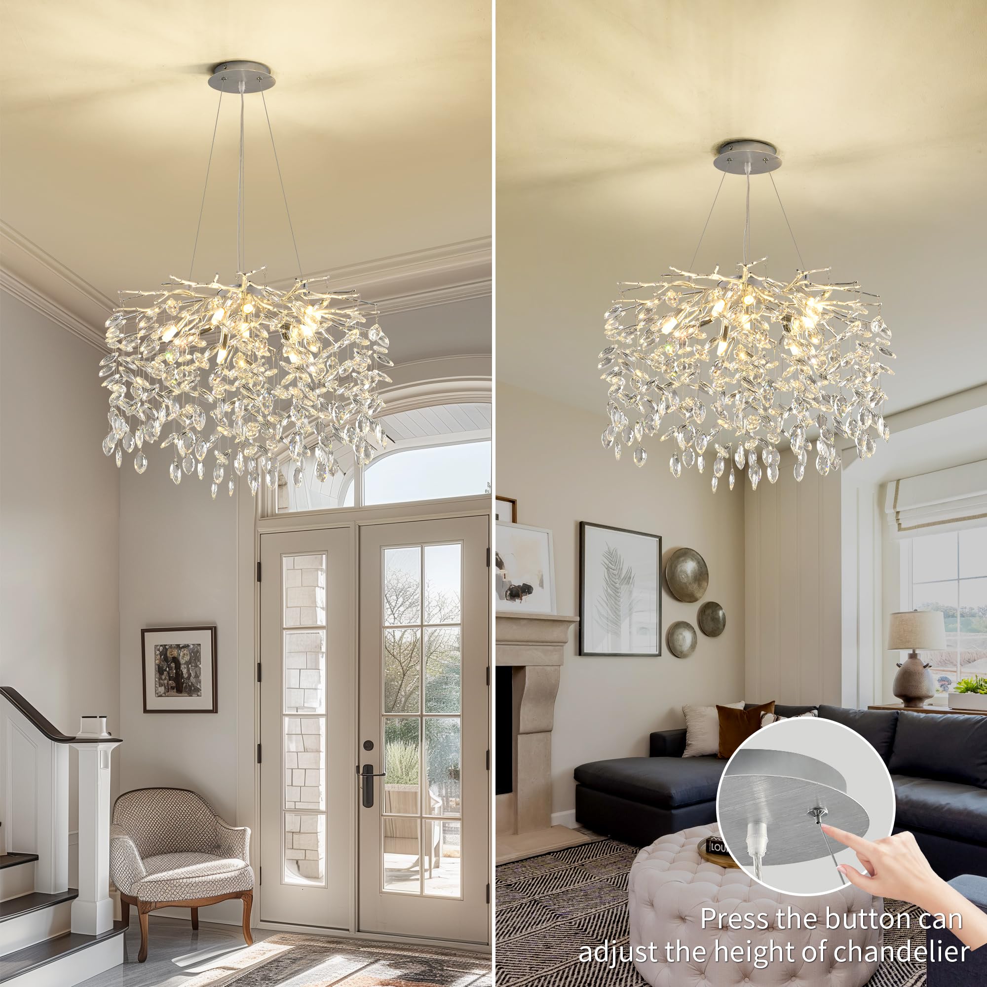 Modern Crystal Raindrop Chandelier, L40'' Black Linear Rectangle Art Deco Tree Branch Lighting Fixture for Kitchen Island Living Room Foyer Staircase 10 Lights
