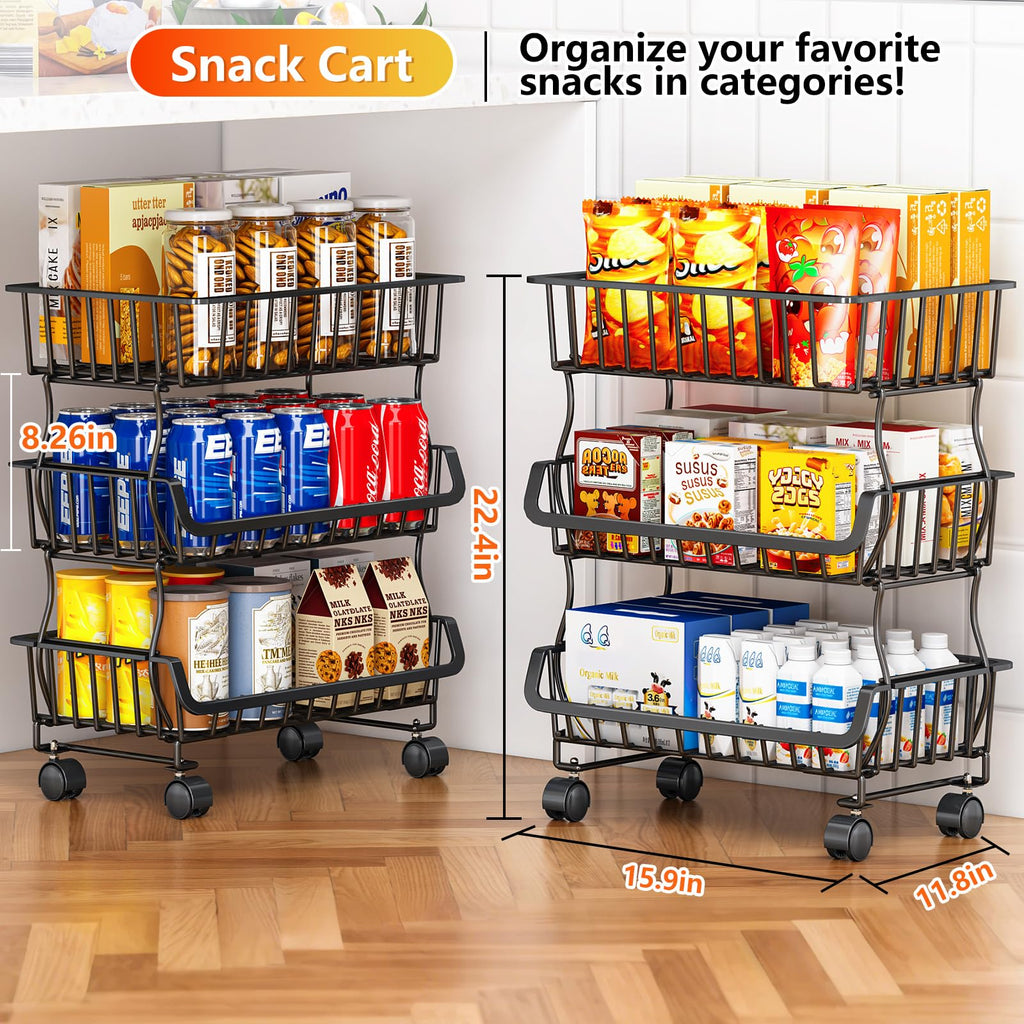 Gsiekare Fruit Vegetable Basket for Kitchen, 4 Tier Stackable Fruit Vegetable Storage Baskets with Wheels, Metal Wire Storage Basket Organizer Baskets for Kitchen, Pantry, Bathroom