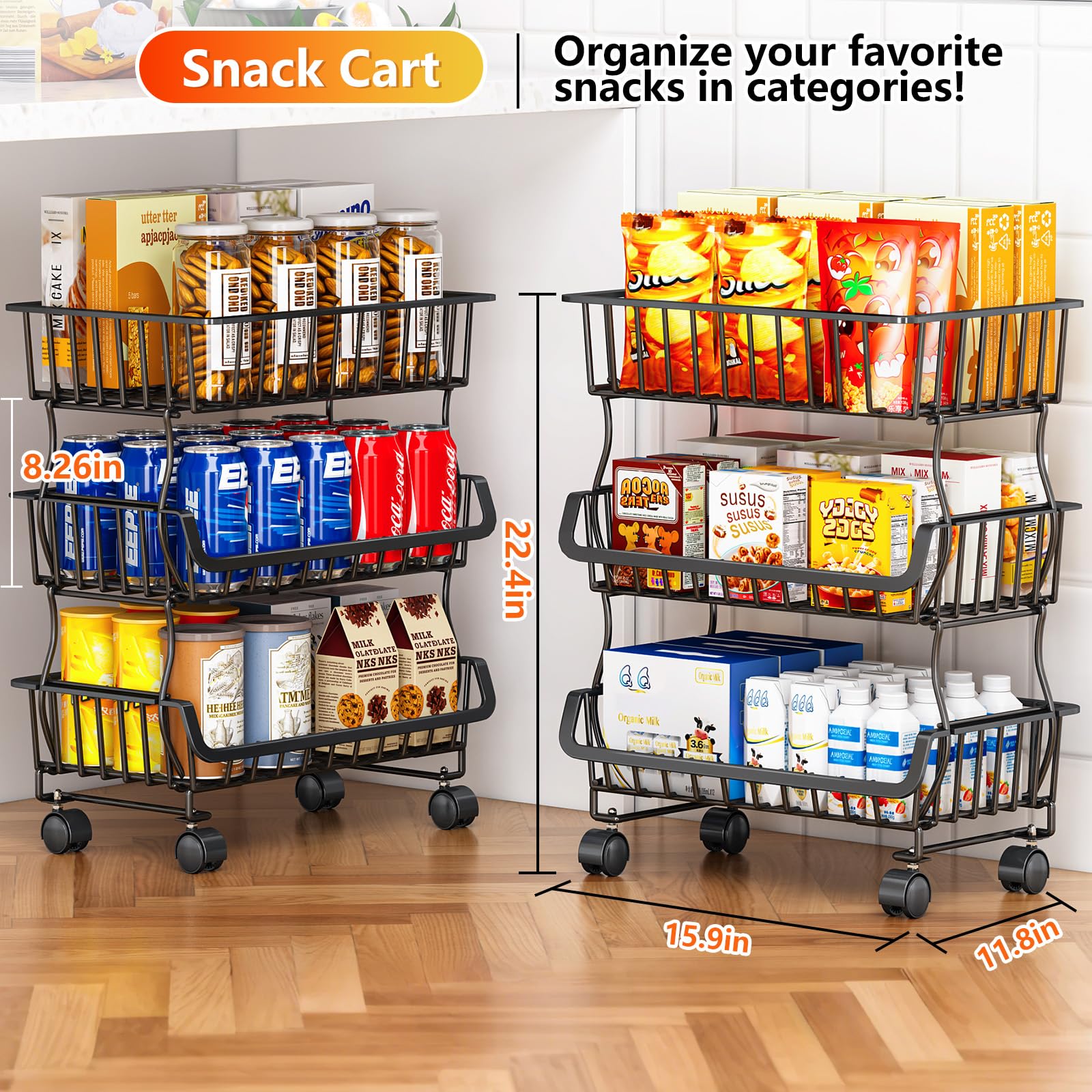 Gsiekare Fruit Vegetable Basket for Kitchen, 4 Tier Stackable Fruit Vegetable Storage Baskets with Wheels, Metal Wire Storage Basket Organizer Baskets for Kitchen, Pantry, Bathroom