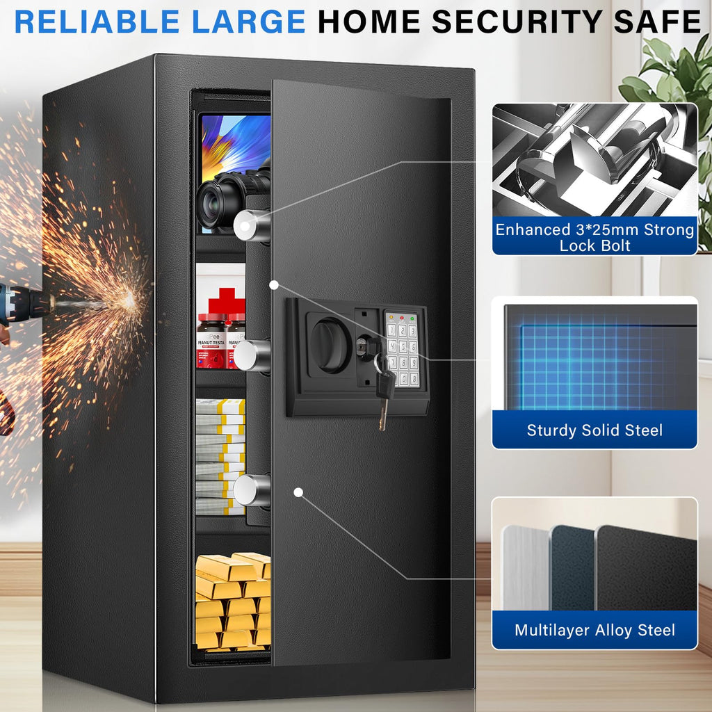 Home Safe Box, Safes with Fireproof Waterproof Bag, 9.84'' H Anti-Theft Digital Security Lock Box with Smart Alert System, Removable Shelf, Mute Function, Document Safes for Jewelry