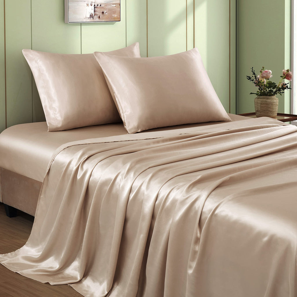 VACVELT 3pcs Beige Satin Sheets Twin Size Bed Set, 15 Inch Deep Pocket Silky Satin Sheet Set, Soft Satin Bedding Set Cooling & Luxury Bed Sheets, 1 Fitted Sheet + 1 Flat Sheet + 1 Pillowcase