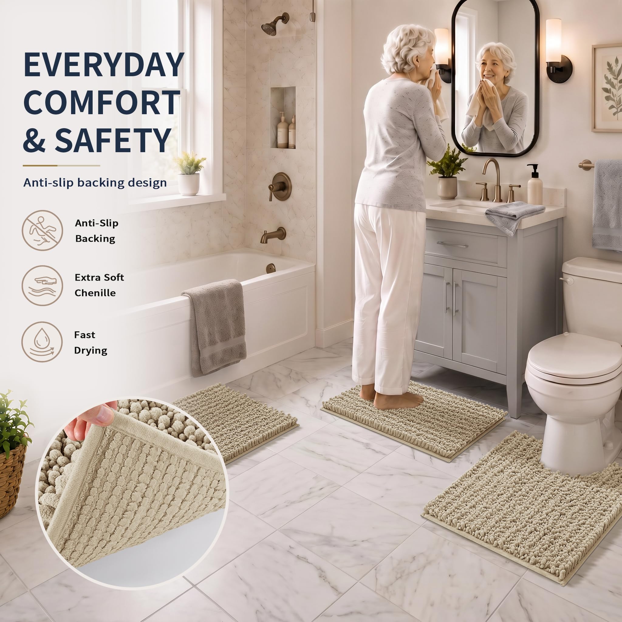 Yimobra Black Bathroom Rug Set 3 Piece - Super Absorbent Quick Dry Chenille Bath Mats & Toilet Rug, Non Slip Machine Washable, Extra Thick Shaggy Floor Mat for Shower Tub Sink