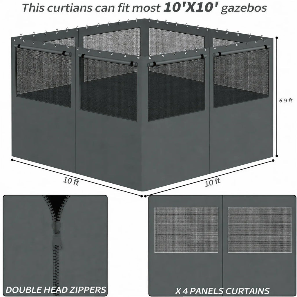 Gazebo Privacy Curtains 10' x 10' with Mosquito Windows, 4-Panels Side Wall with Zipper Universal Replacement for Patio, Outdoor Canopy, Garden and Backyard, Gray (Curtain Only)