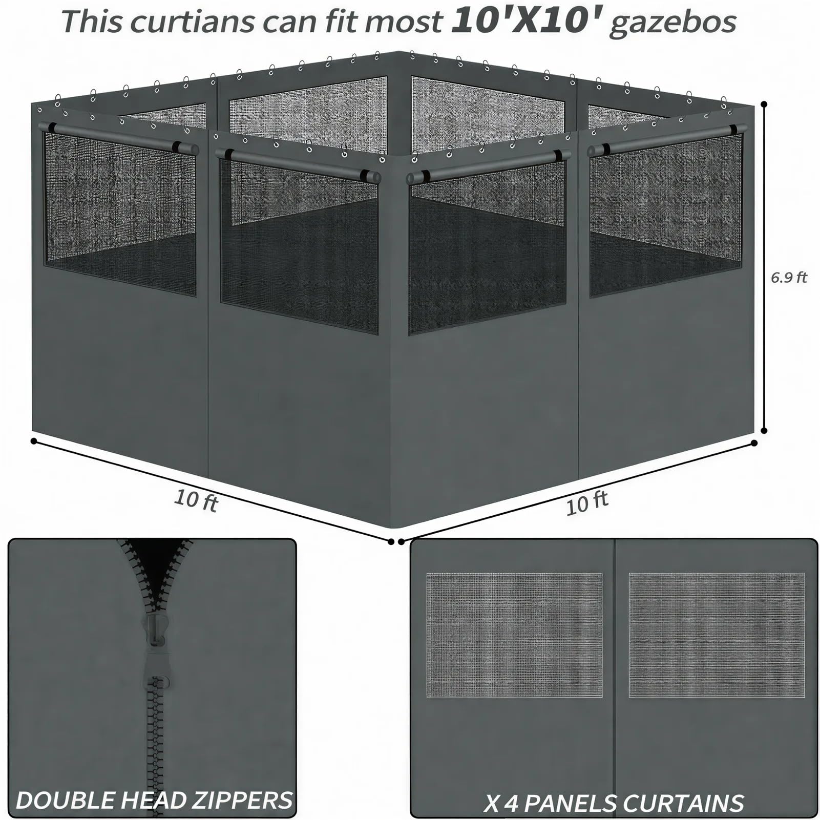 Gazebo Privacy Curtains 10' x 10' with Mosquito Windows, 4-Panels Side Wall with Zipper Universal Replacement for Patio, Outdoor Canopy, Garden and Backyard, Gray (Curtain Only)